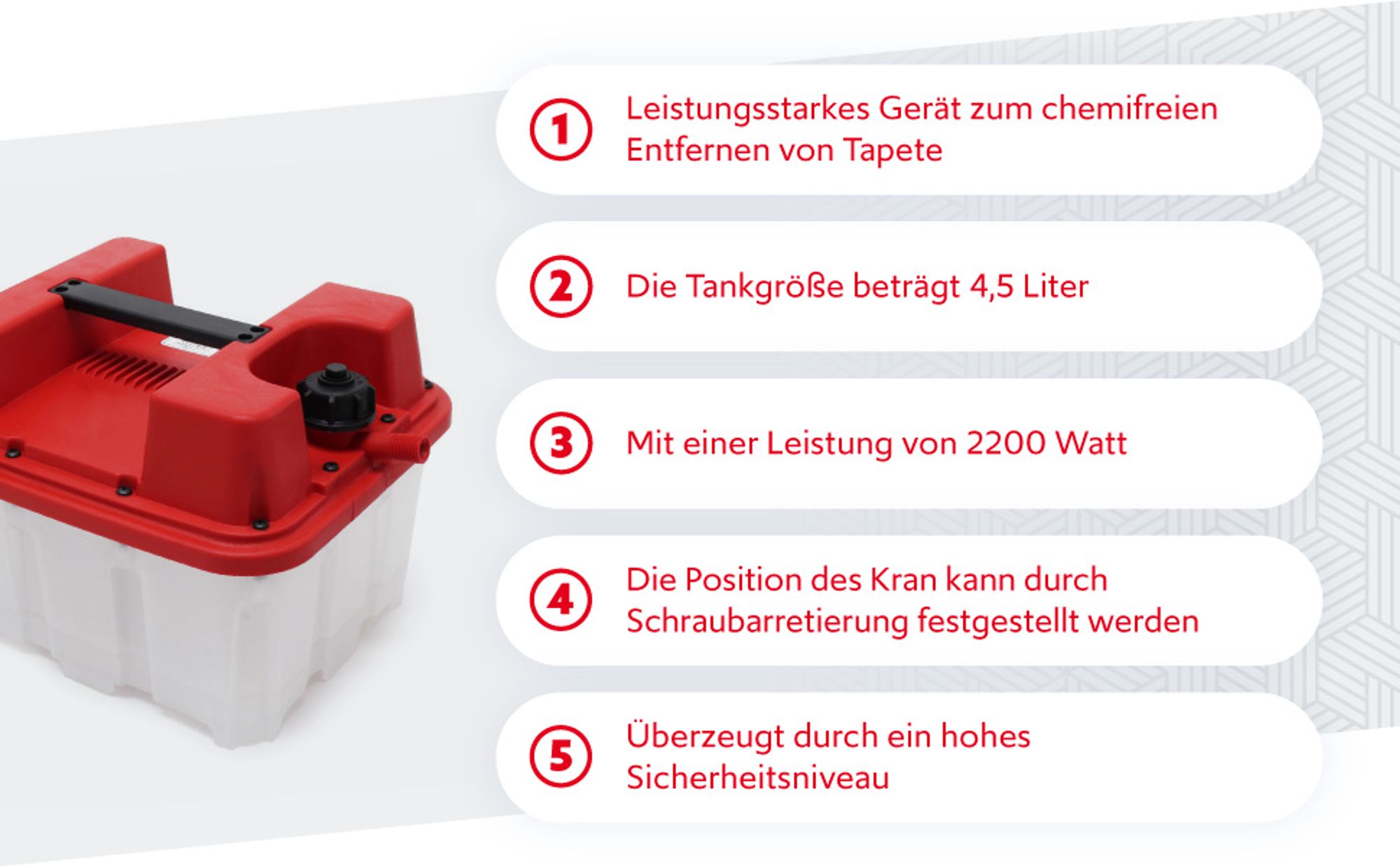 Wiltec Dampf Tapetenablöser 2200 W, Tapetenlöser mit 4,5 L Behälter und 70 min Laufzeit, chemieloser und robuster Tapetenentferner