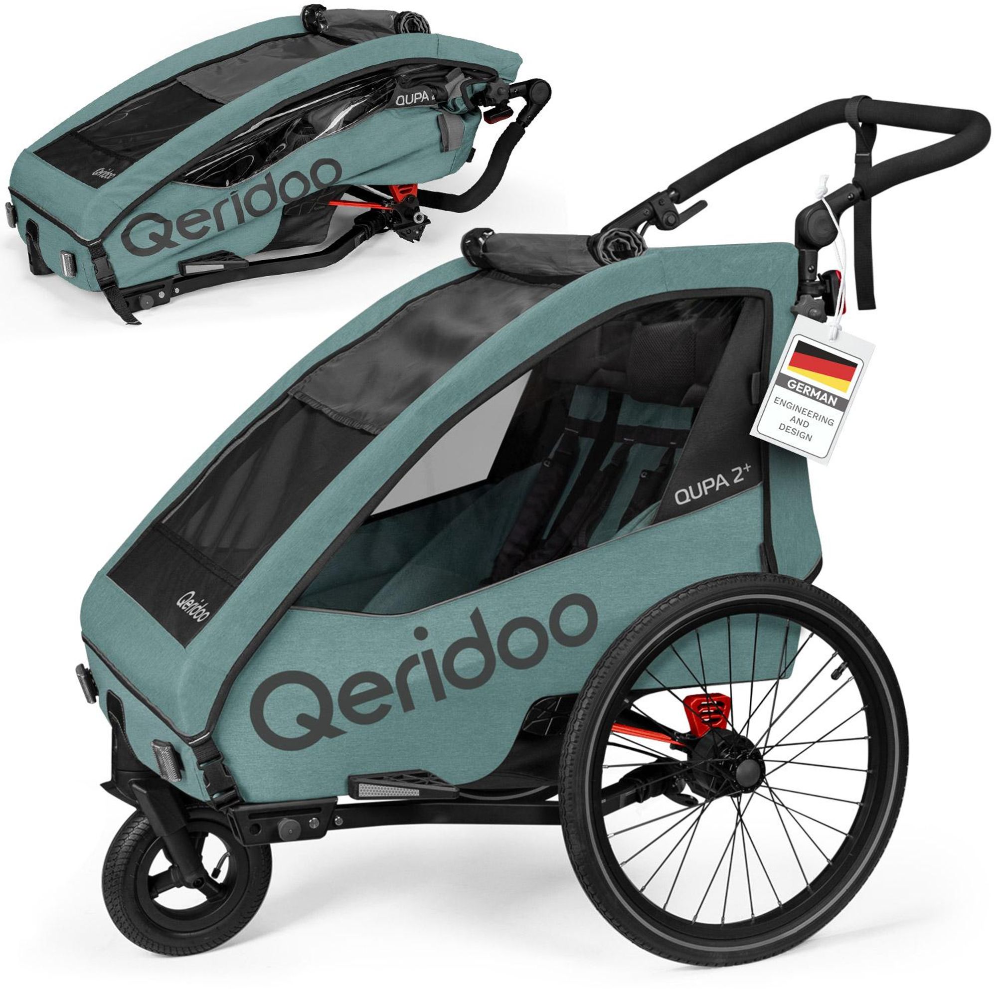 Qeridoo QUPA Plus 2 - Kinderfahrradanhänger für 2 Kinder, Farbe: Mineral Blue