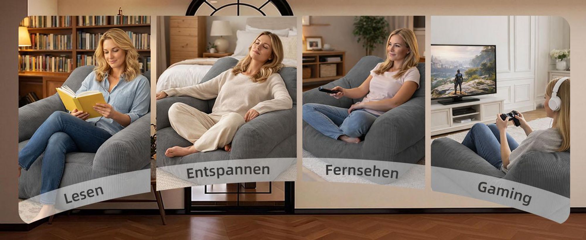 Übergroßer Sitzsack für Erwachsene, Füllung aus Schaumstoffflocken, flauschiges Bodensofa, quadratisch, Grau