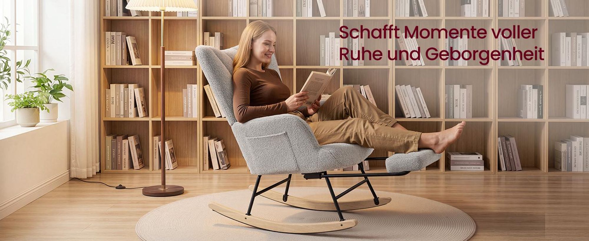 SONGMICS Schaukelstuhl mit ausziehbarer Fußstütze, Schaukelsessel, Holzbeine, Kissen, für Wohnzimmer, Fleece, grau