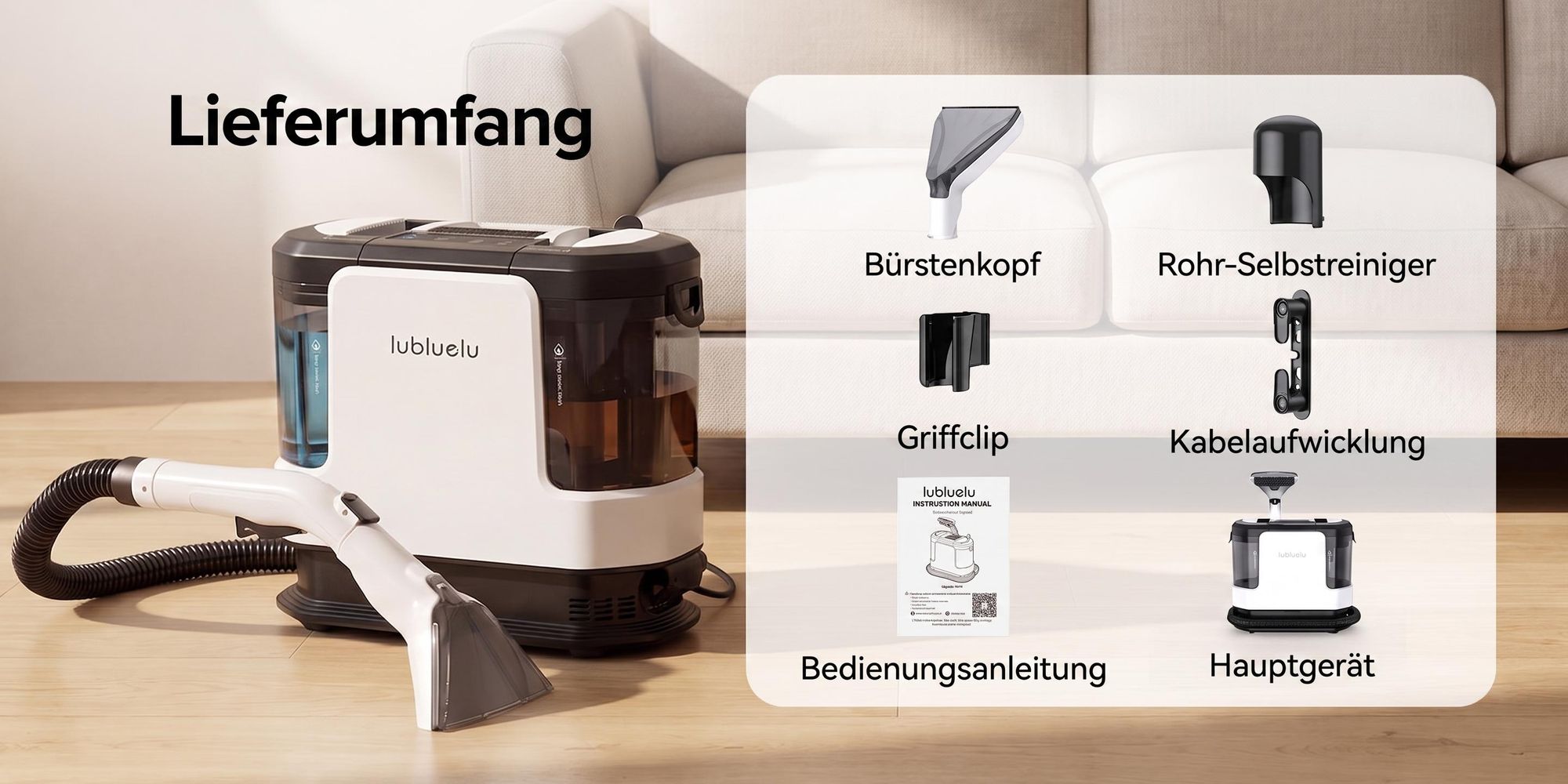 Lubluelu V11 Polsterreiniger Waschsauger Teppichreiniger 30KPa Dampffunktion 4 Modi 1900W mit 1,9L+1,1L Doppeltank für Sofa Auto Matratze Touchdisplay