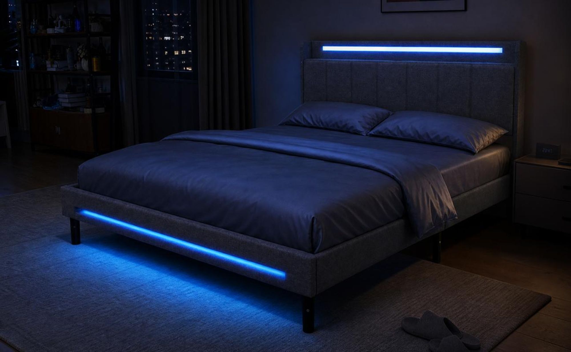Polsterbett mit LED-Beleuchtung und USB-Ladefunktion, für Matratze 140x200cm, Doppelbett mit gepolstertem Kopfteil