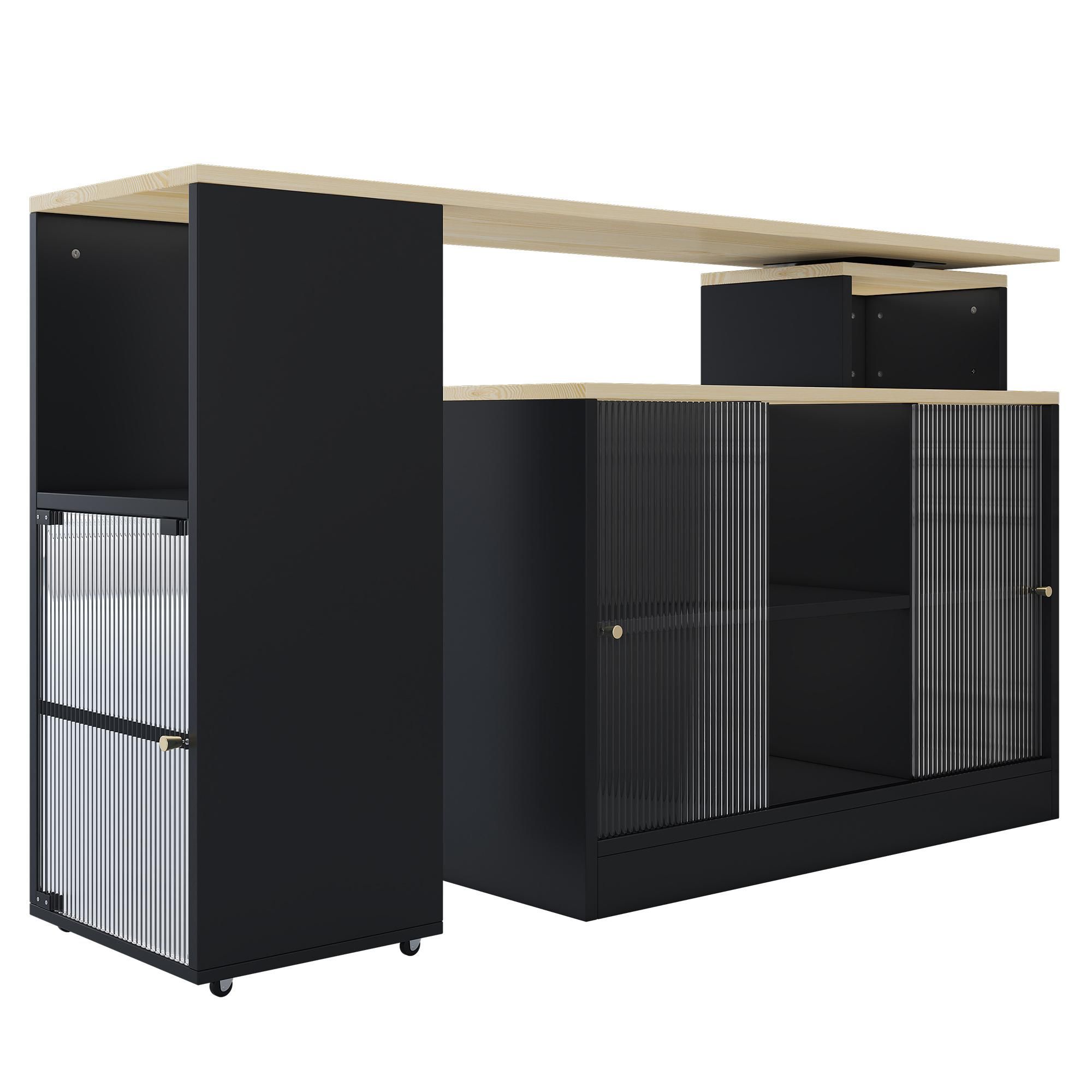 Flieks ausziehbarer Bartisch, Stehtisch Bistrotisch mit Glasschiebetür, Esstisch mit Stauraum, Hochtisch 360°drehbar, multifunktionale Möbel, Schwarz