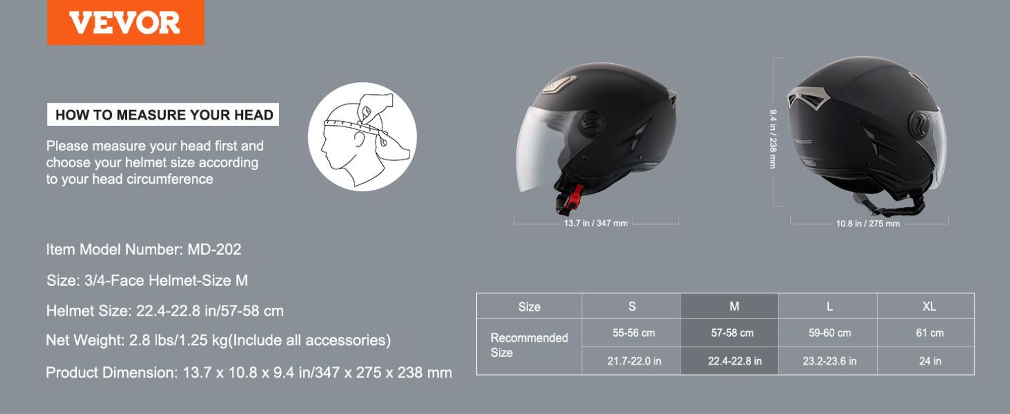 VEVOR Motorradhelm 3/4 Gesicht Größe M, ABS-Helm mit Bluetooth-Kommunikation und austauschbaren Gläsern, DOT-, für Jugendliche und Erwachsene