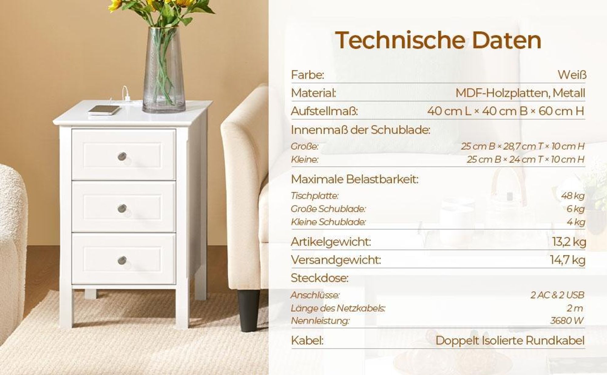Yaheetech 2er Set Nachttisch mit Steckdose & USB, 3 Schubladen Beistelltisch mit 2 AC- und 2 USB-Anschlüssen, Weiß