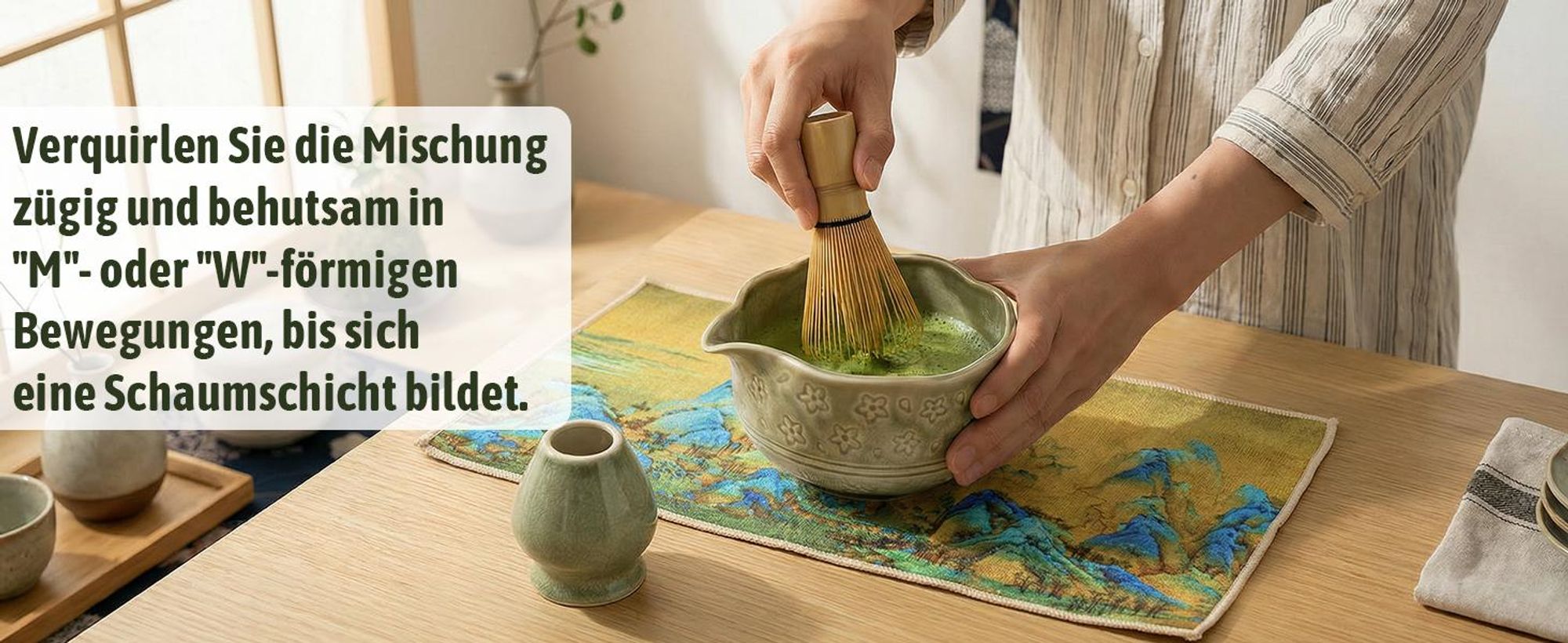 VONATES Matcha Set 9-tlg. mit Matcha-Schale, Bambus-Besener & Halter, Sieb, Löffel, Tuch, Eisform - Starter-Kit für Teezeremonie & Geschenk, Grün