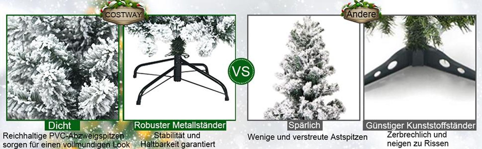 COSTWAY Bleistift Weihnachtsbaum 225cm, künstlicher Tannenbaum 641 PVC Nadeln mit Schnee, Christbaum mit Metallständer, Kunstbaum Weihnachten