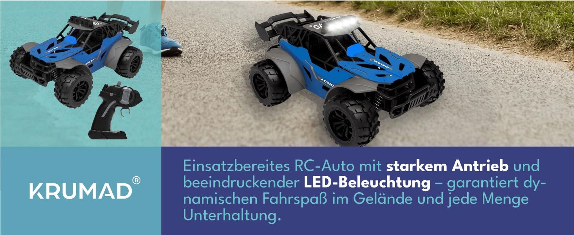 KRUMAD Ferngesteuertes Auto ab 3 Jahre – RC Auto für Kinder – 3,7V mit 2 Akkus & LED-Licht – Robustes Offroad Spielzeugauto mit Fernsteuerung, USB-Lad