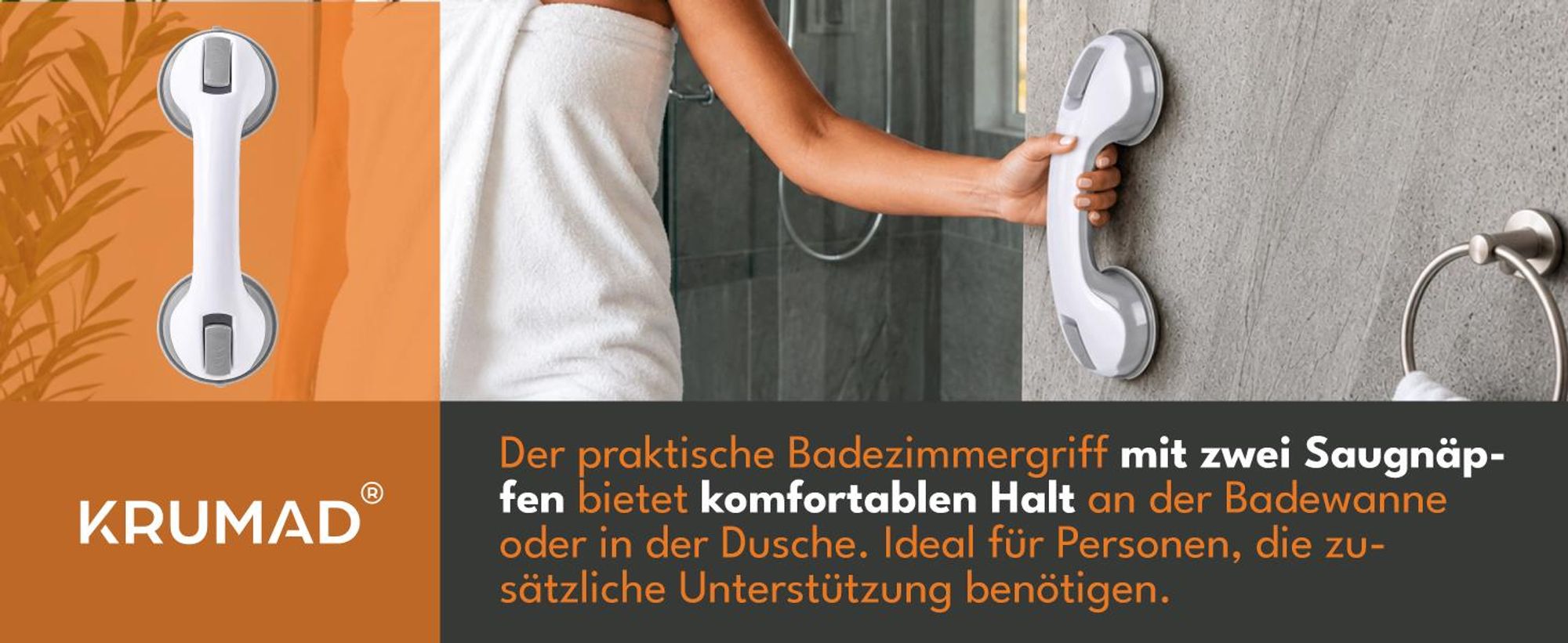 KRUMAD Haltegriffe für Senioren Badezimmer, Duschgriff ohne Bohren, Aufstehhilfe für Dusche und Badewanne, Sicherheitsgriff Wandhalterung
