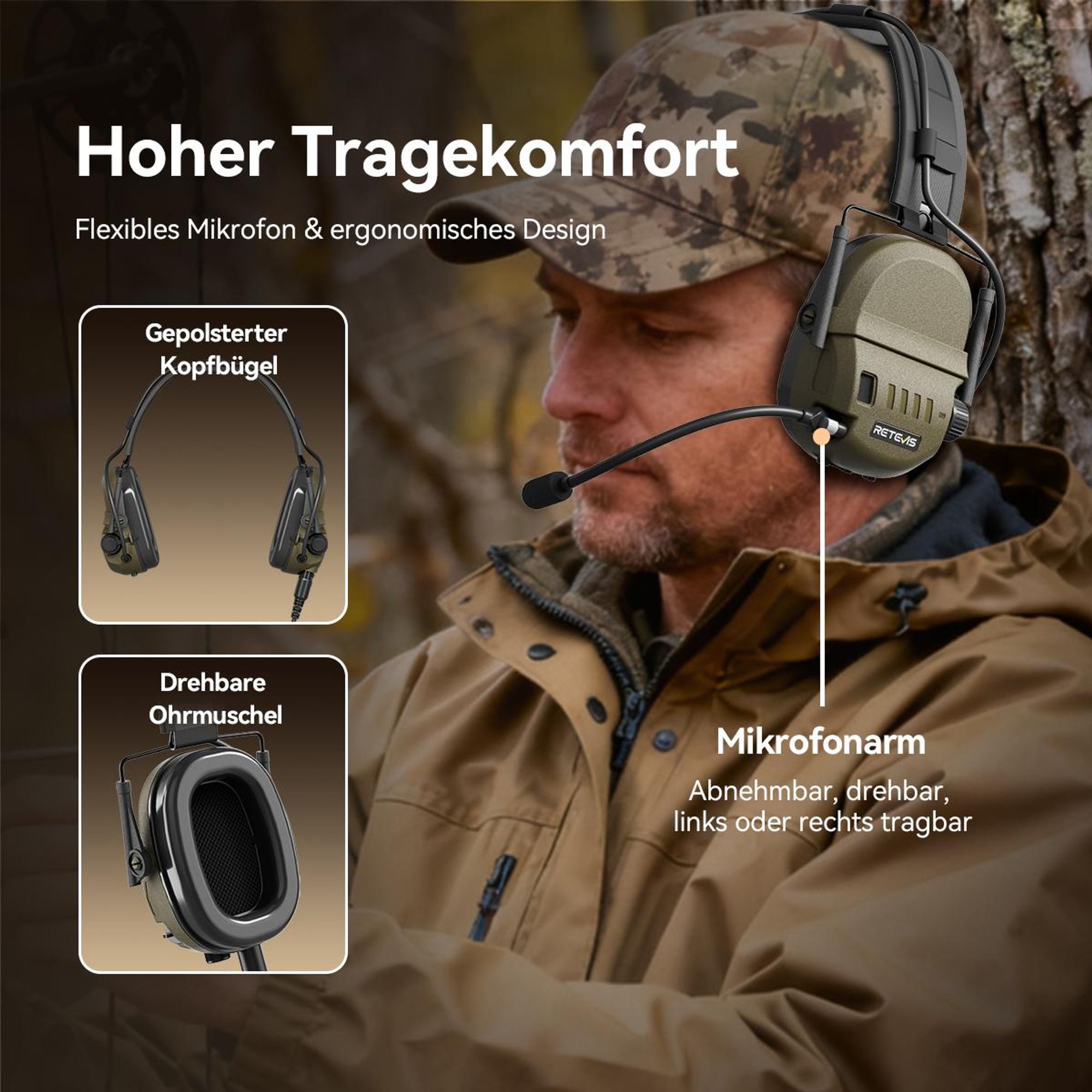 Retevis EH080K Taktisches Headset, Elektronisches Headset, intelligente Geräuschunterdrückung, IP65, Walkie-Talkie-Headset, kompatibel mit RT24