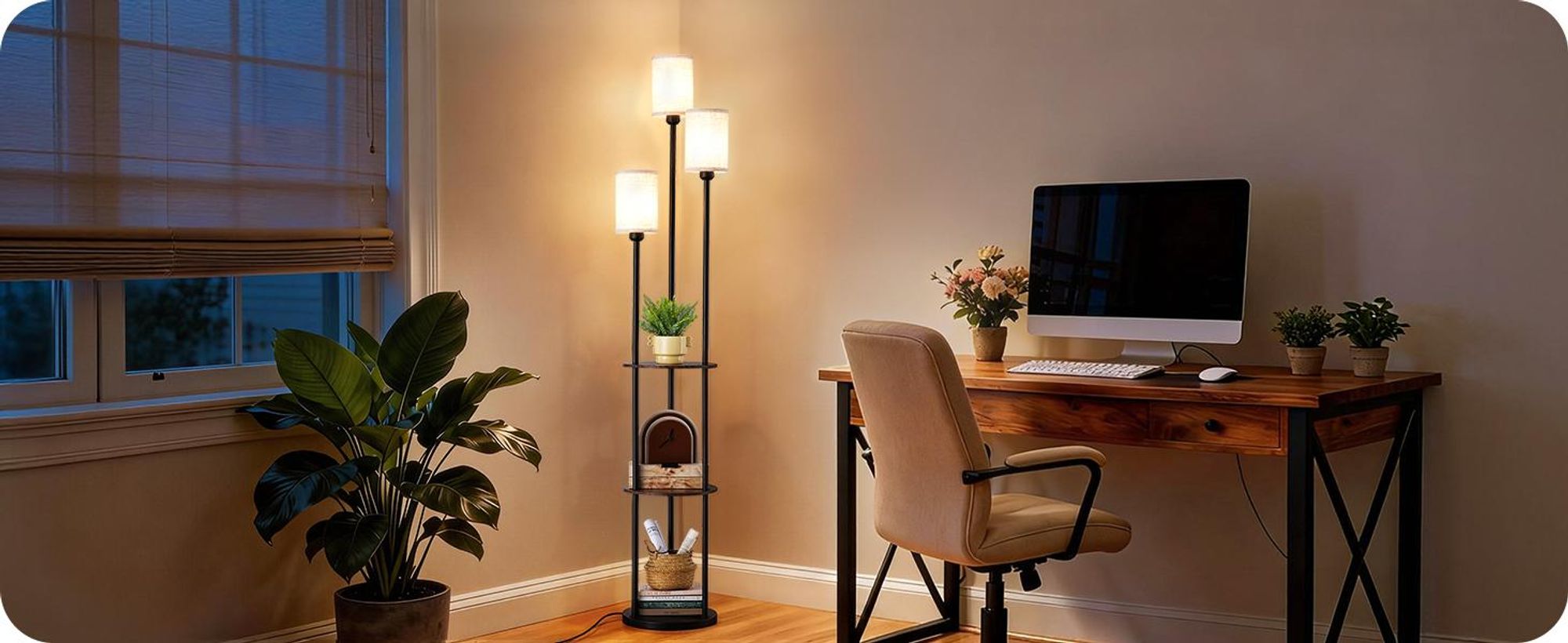 EDISHINE Stehlampe Wohnzimmer, 3-flammige LED Stehleuchte mit Regal & Leinen-Lampenschirm, inkl. Leuchtmittel,Moderne Stehlampe für Schlafzimmer,178cm