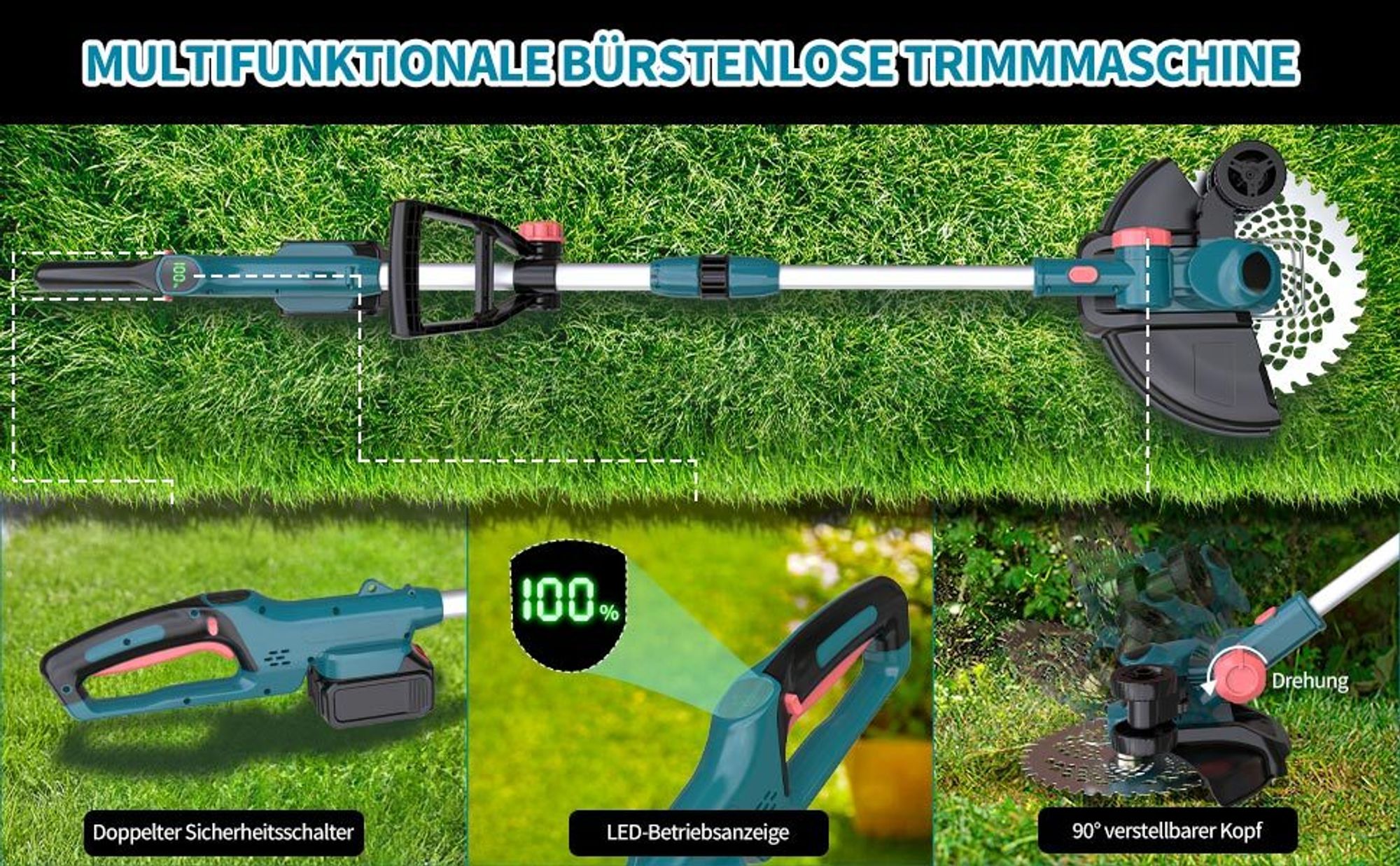 750W Akku Rasentrimmer mit 2× 4.0Ah Akkus & Ladegerät, Freischneider Gartengeräte mit Fugenbürste & Unkrautbürste | Blau