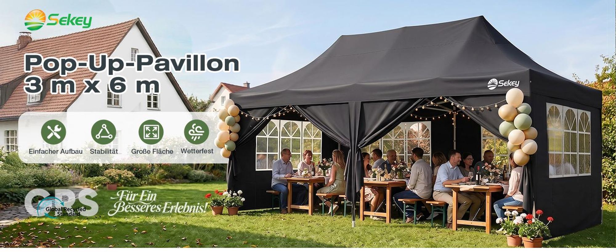 Sekey Faltpavillon 3x6 Wasserdicht mit 6 Seitenwänden, UV50+ Gartenpavillon Partyzelt, Schwarz