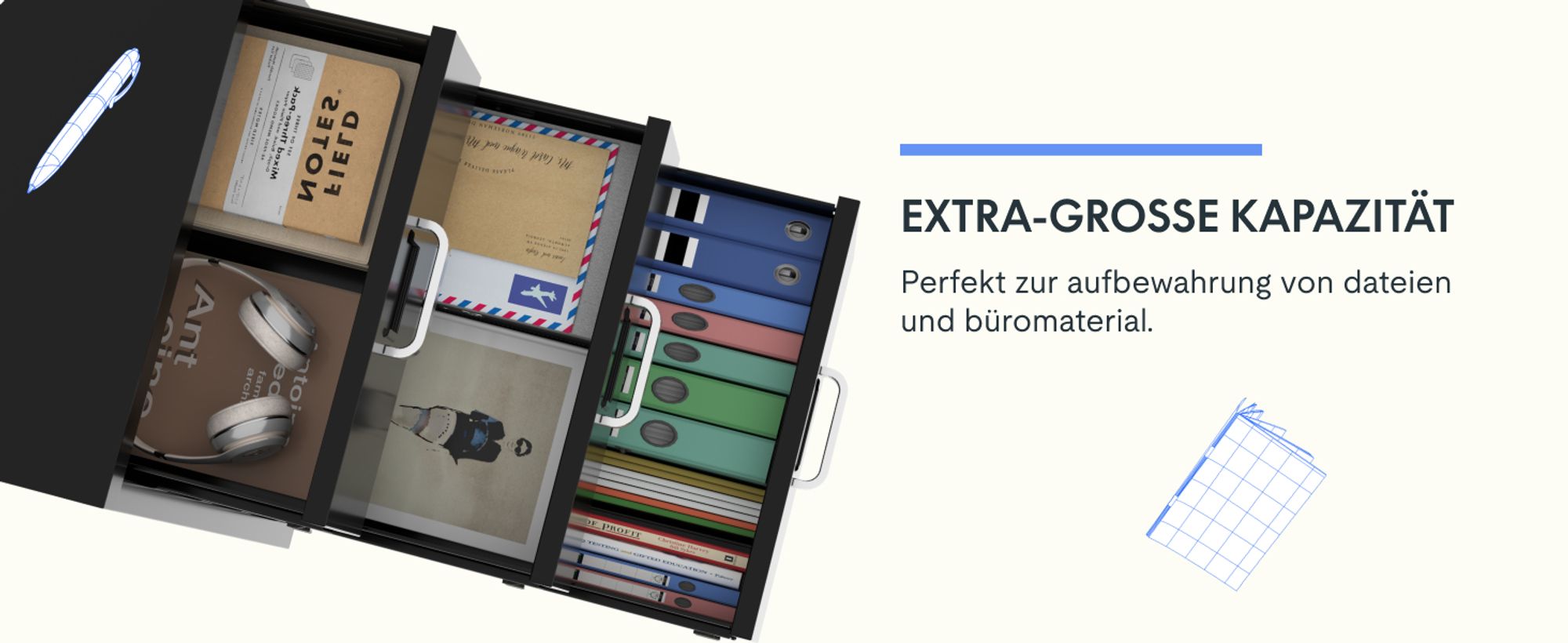 FLEXISPOT Rollcontainer Büroschrank mit 3 Schubladen, Aktenschrank Metallschrank Kommode mit Rädern, Unterschrank für Zuhause und Büro (Schwarz)