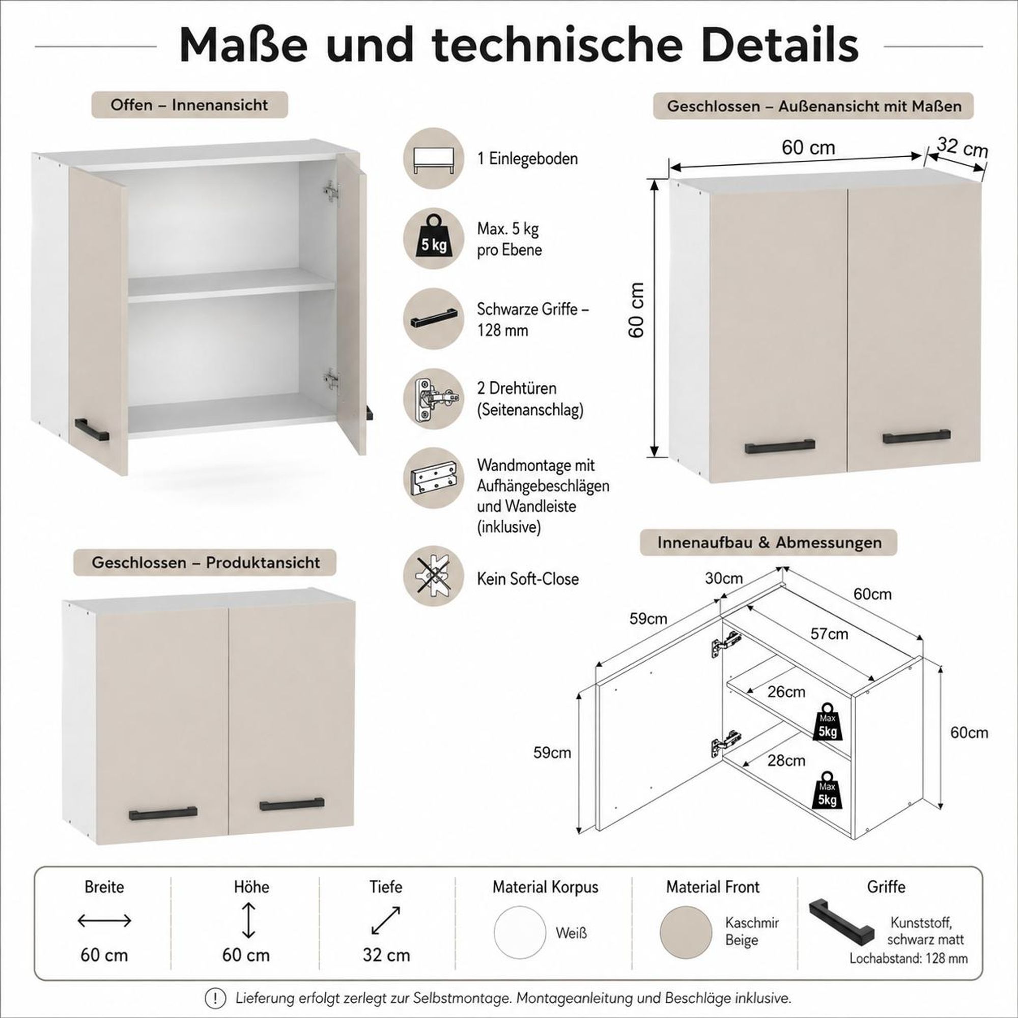 Anleitung Wandmontage Hängeschrank 60 cm Kaschmir mit Schiene und Aufhängern.