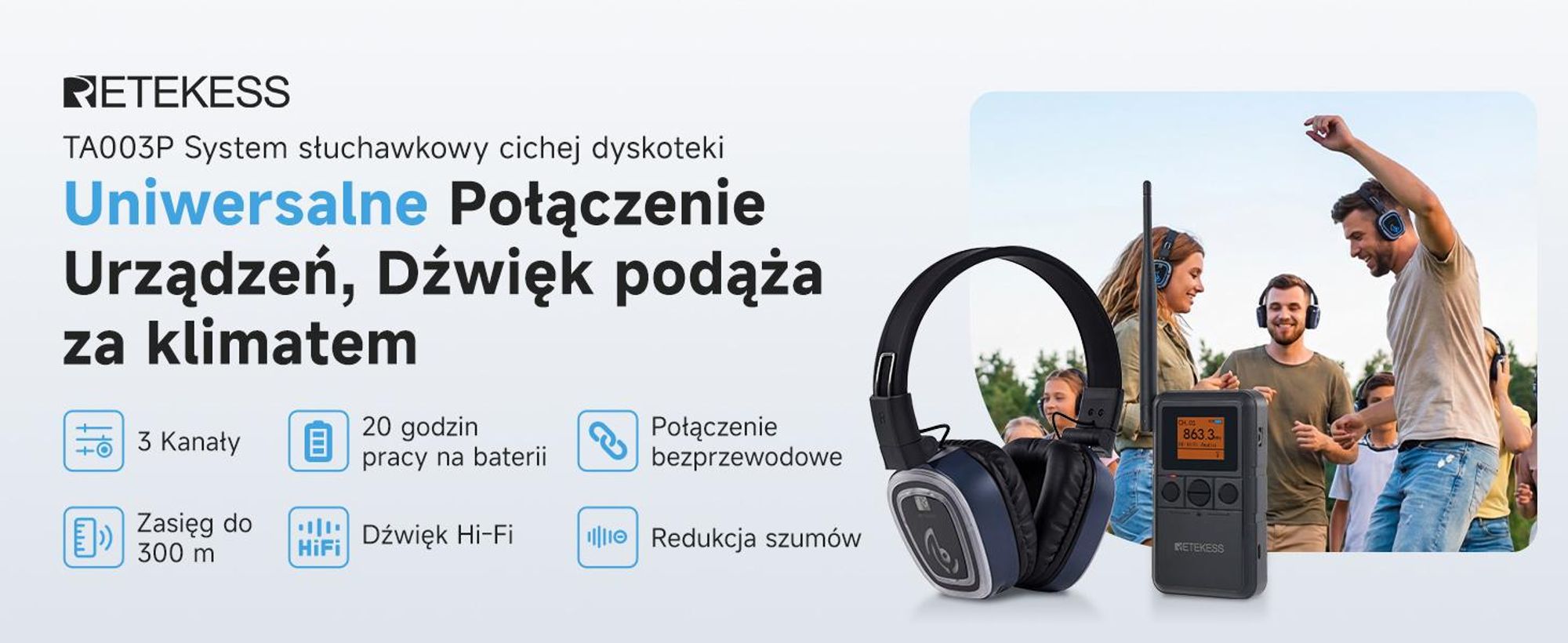 System słuchawkowy Retekess TA003P-TA004S do cichej dyskoteki, bezprzewodowy, jakość dźwięku Hi-Fi, 3-kanałowe diody LED, 12 godzin pracy, stabilne mocowanie, wzmocnienie basów, do fitnessu, jogi i imprez