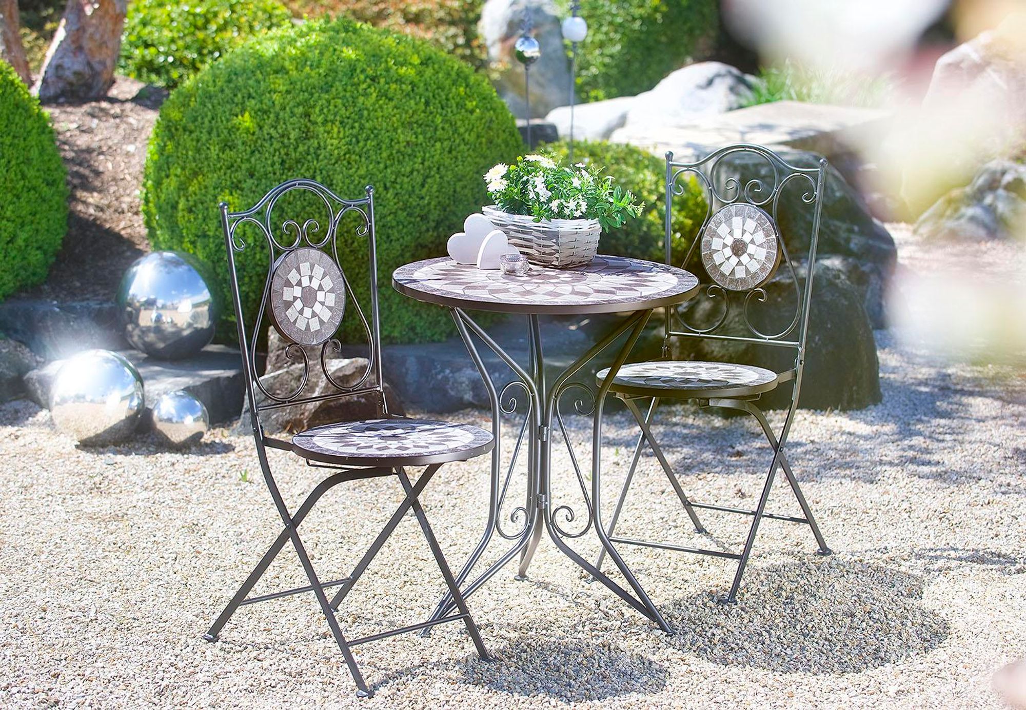 Kobolo Sitzgruppe Gartenmöbel MOSAIK - 1 Tisch - 2 Stühle - Metall - Mosaik grau - Chair Balkonmöbel Balkonstuhl Möbel Bistro Dining Design Modern