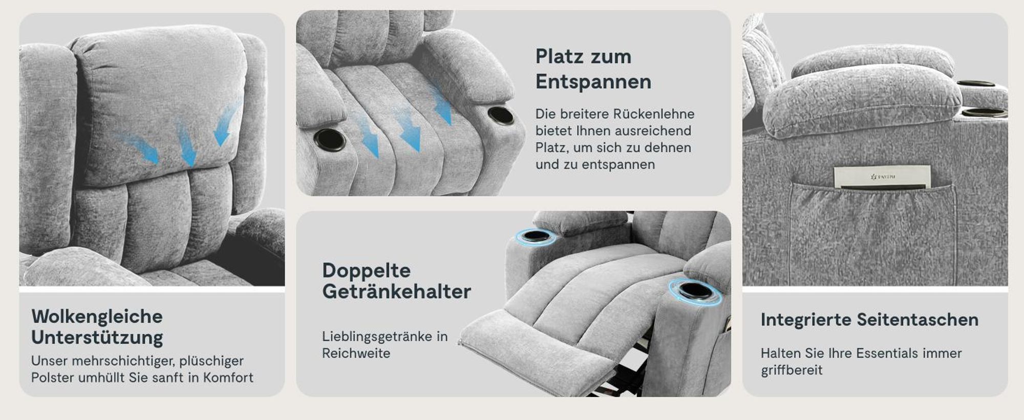 FLEXISPOT XL6 Elektrischer Massagesessel mit Aufstehhilfe, Heizfunktion, USB-Anschluss, 105°-165° verstellbar, belastbar bis 200 kg (Hellgrau)