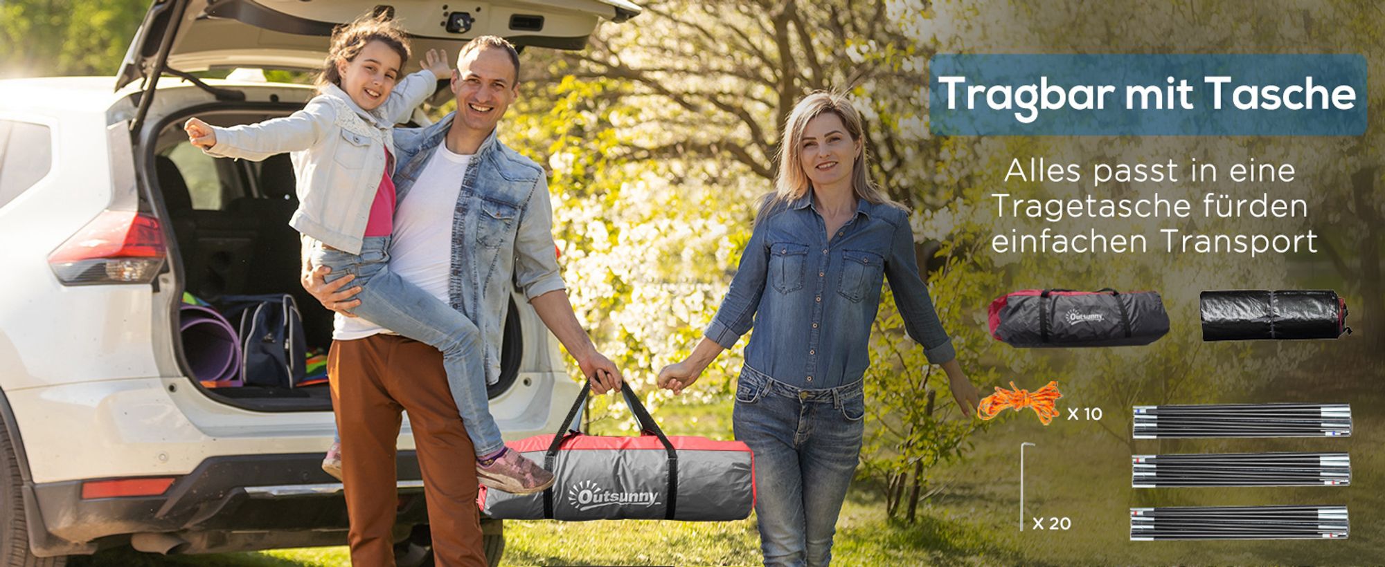 Outsunny Zelt für 2-3 Personen 190T Tunnelzelt Campingzelt mit Heringen Glasfaser Polyester Grau 426 x 206 x 154 cm