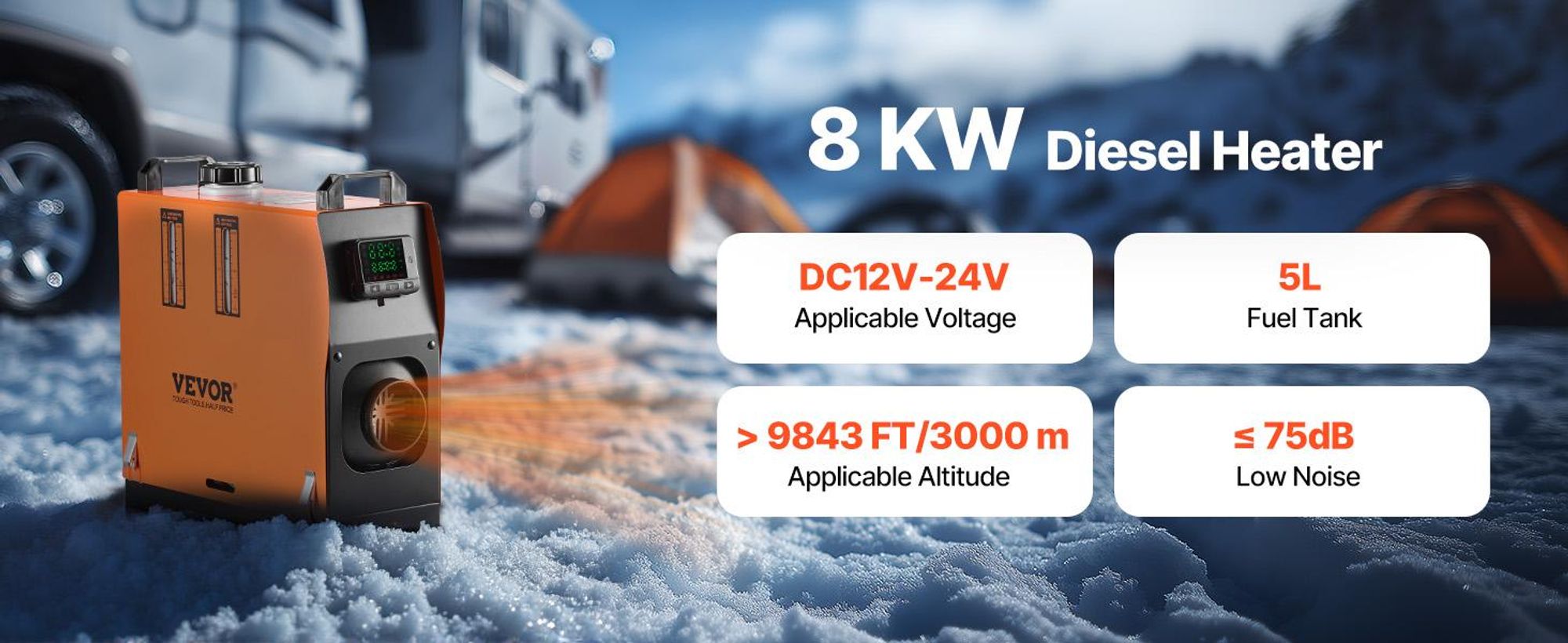 VEVOR 12V 2KW Diesel-Luftheizung Dieselheizung Standheizung Luft-Dieselheizung mit Schalldämpfer, 10L Tank, LCD-Schalter für Autos, Busse, Wohnmobile, Lkw, Baumaschinen, Vertikaler Typ-i, Orange-c