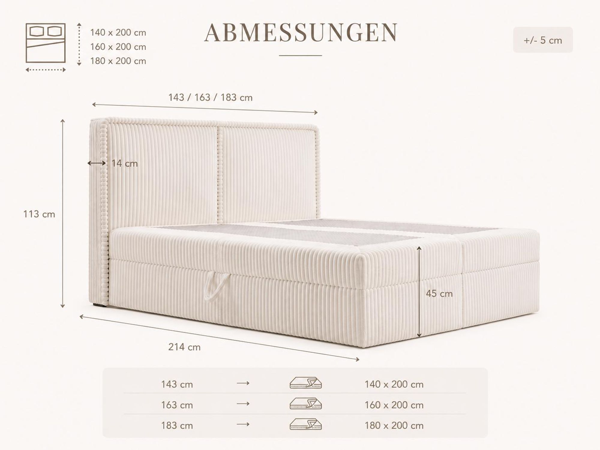 MOEBLO Boxspringbett Bett 04 – Boxspringbett aus Cord, Polsterbett Kontinentalbett Doppelbett mit Bonell-Matratze, Topper und Bettkasten (gepolstertes Kopfteil, Boxspring) - 160 x 200 - Ambience 02 Creme