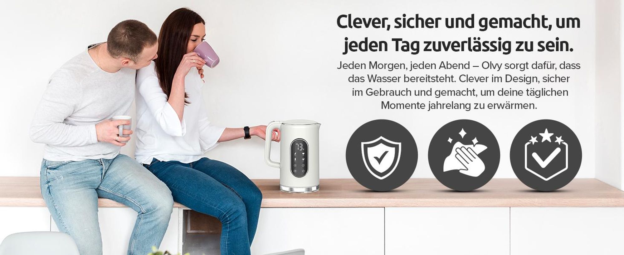 Olvy Wasserkocher Creme, Temperatureinstellung 1,7L – LCD-Display, 2200W, BPA-frei, Warmhaltefunktion, Kalkfilter, Temperaturwahl 40–100°, Edelstahl