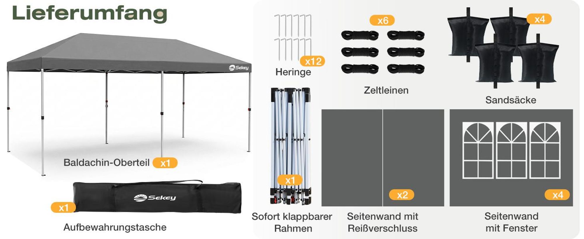 Sekey Faltpavillon 3x6 m wasserdicht UV50+ Gartenpavillon Partyzelt mit 6 Seitenteilen höhenverstellbar, Grau