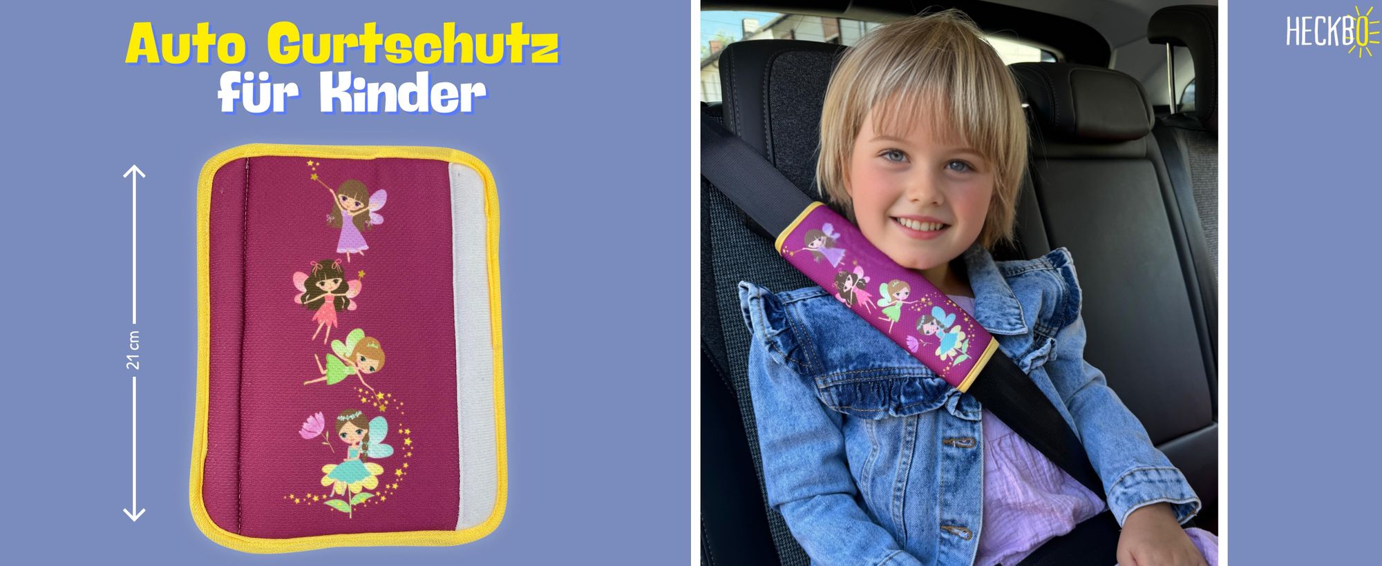 2x HECKBO Kinder Auto Gurtpolster Gurtschutz mit Fee Feen Motiv - Mädchen Sicherheitsgurt Polster für Kinder und Babys- Ideal für jeden Gurt Autositzerhöhungen Kinder Fahrradanhänger Fahrrad