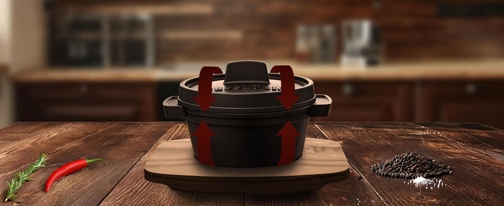 GUSSKÖNIG Dutch Oven Set Mini mit Holz-Untersetzer - 4x 300ml Gusseisen Mini Topf mit Deckel