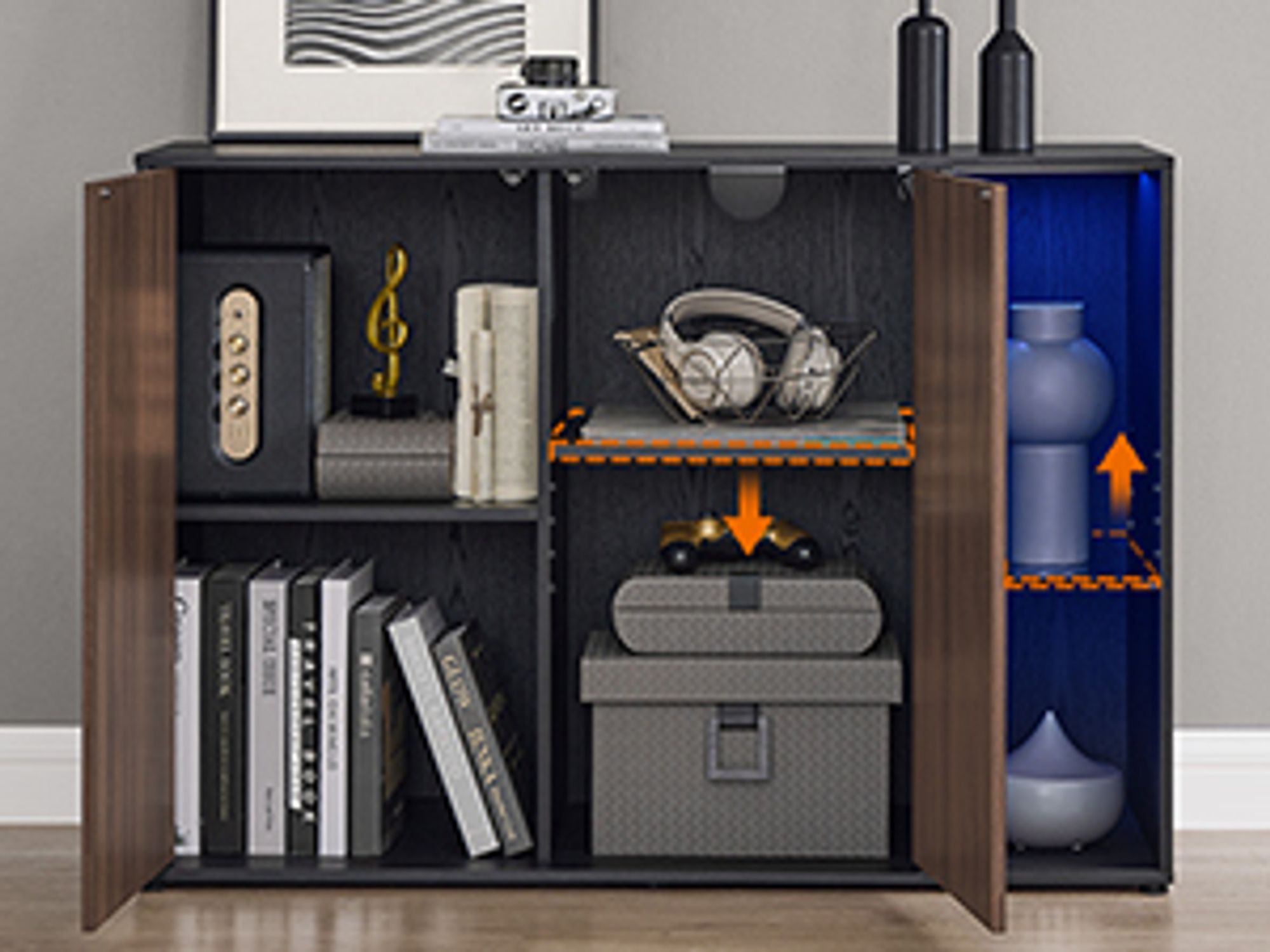 SONGMICS HOME Superschnelle werkzeuglose Montage, Sideboard mit Beleuchtung, Aufbewahrungsschrank, TV-Schrank, Glasablage, Toolless-Technologie