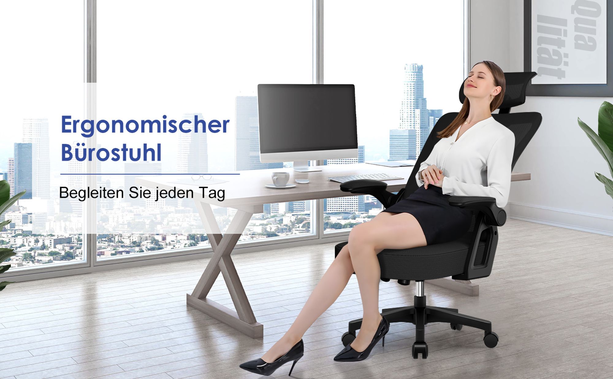 Marodic Bürostuhl Ergonomisch Schreibtischstuhl mit Verstellbarer Kopfstütze, Armlehnen, Lendenwirbelstütze Drehstuhl Chefsessel bis zu 150 kg Schwarz