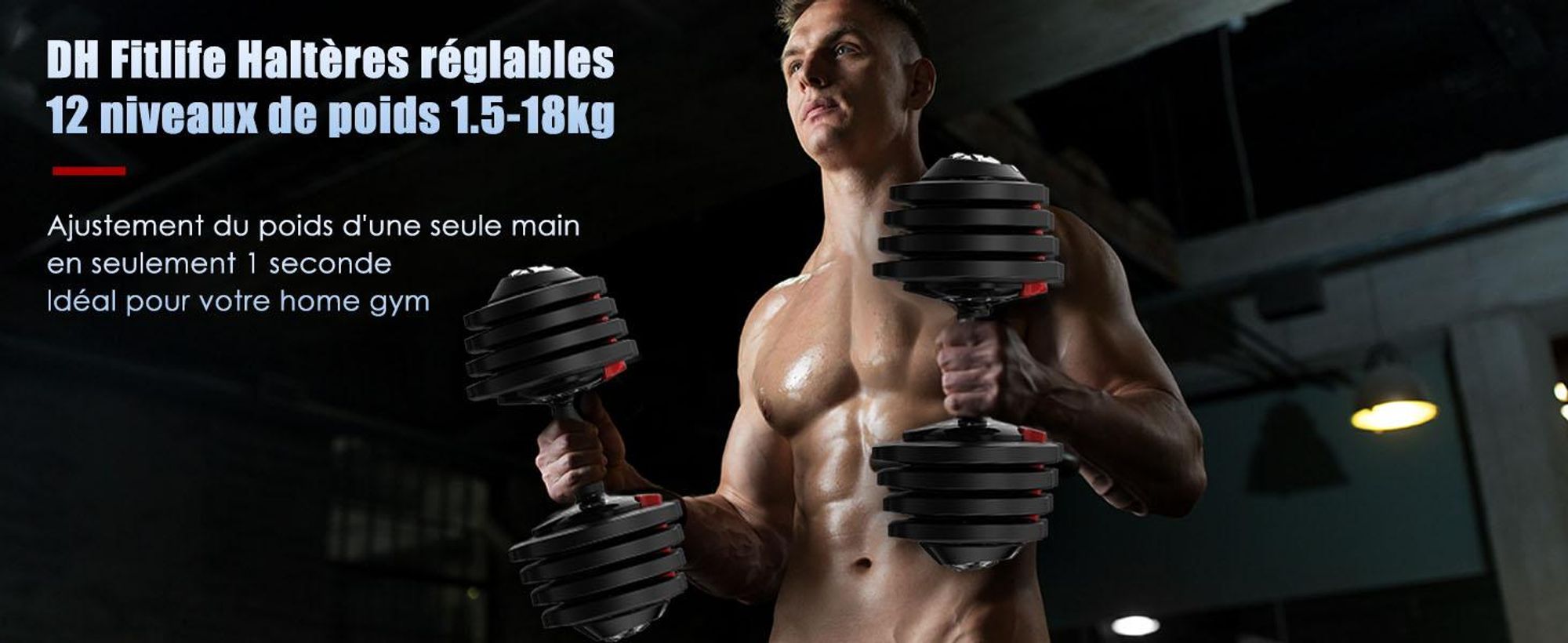 DH FitLife Haltères réglables 18 kg (Lot de 2) - 12 niveaux de poids, Poids variable 12 en 1, Disques inclus, Haltères ajustables courts
