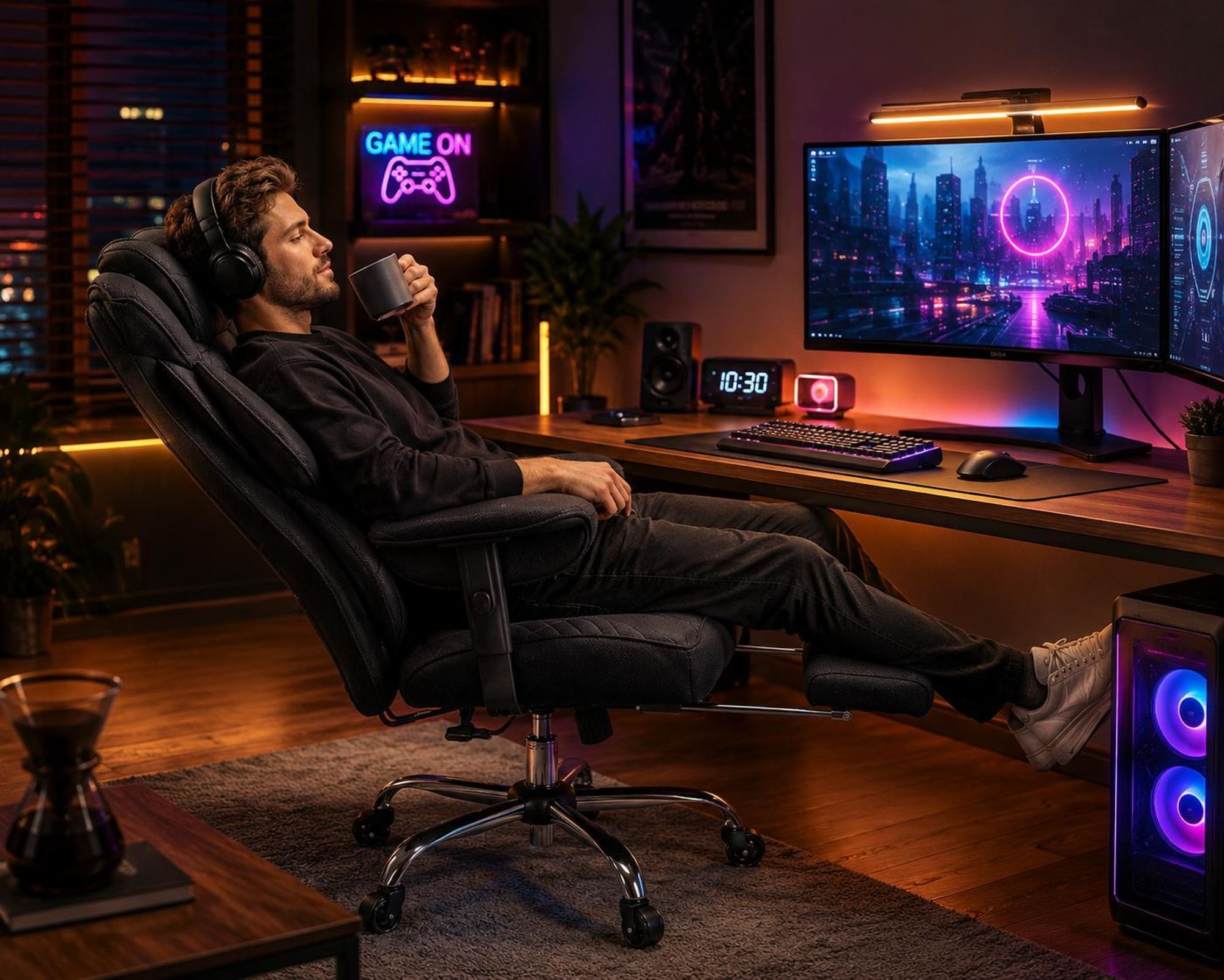 Schwarzer, verstellbarer Gaming-Stuhl aus Netzgewebe mit ausziehbarer Fußstütze