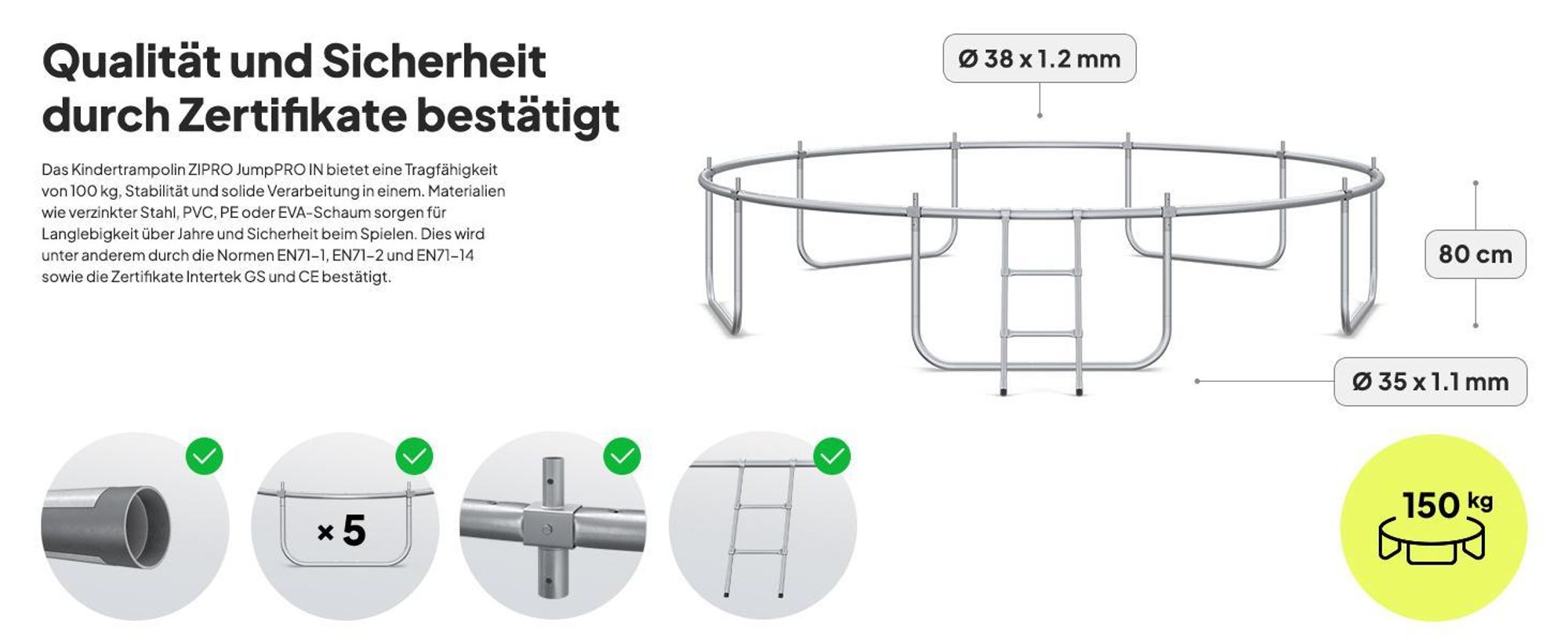 ZIPRO Trampolin Jump Pro IN | 12FT Ø 374 cm | Gartentrampolin Kindertrampolin Komplett-Set inkl. Innennetz, Leiter & Randabdeckung, Outdoor, Grün