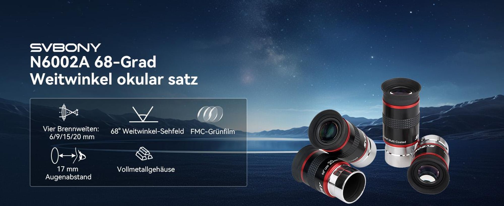 Svbony Okular Set, 1,25 Zoll 6mm 9mm 15mm 20mm Teleskop Okular Kit 68 Grad Weitwinkel Teleskop Zubehör für Planetenbeobachtung