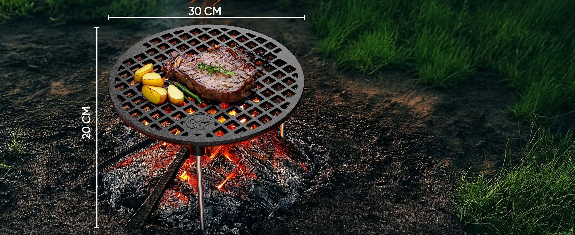 Gusskönig Gusseisen Grillrost mit Beinen Ø30 cm - Grillrost Kohle - Grillrost Dreibein Gusseisen Dutch Oven Untersetzer - Feuerrost Grill Zubehör