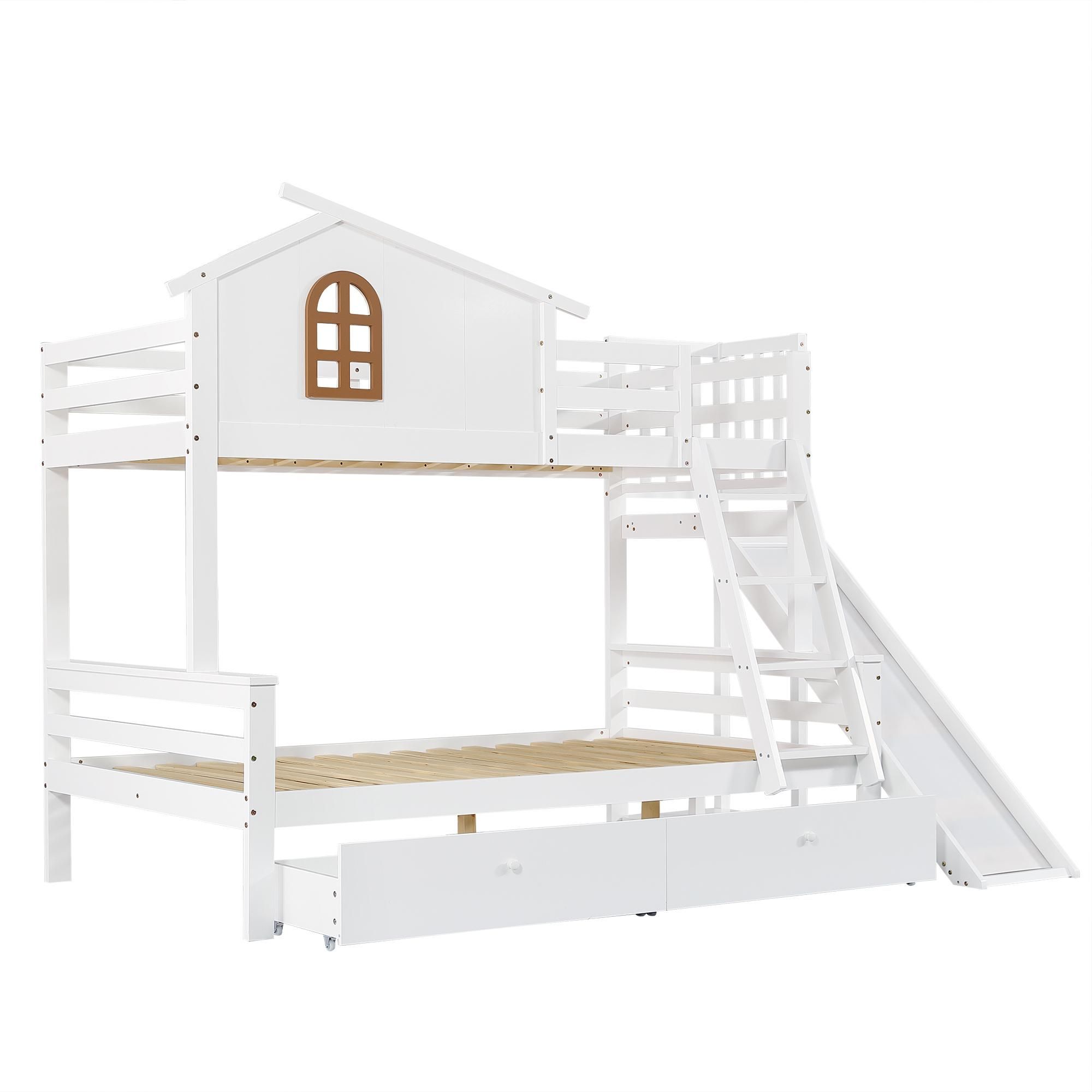 Flieks Etagenbett 90x200/120x200 mit Lattenrost, Kinderbett mit Rutsche und Leiter, Hochbett mit 2 Schubladen, Hausbett Holzbett Stockbett, Weiß