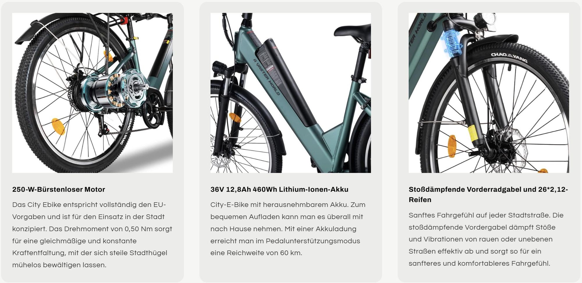 A32 E-Bike Türkis Citybike 26 Zoll, mit 50 Nm Boost-Power-Vorderradfederung, 36V 12,8Ah Akku, Shimano 7-Gang, Scheibenbremsen, 250W, Grün