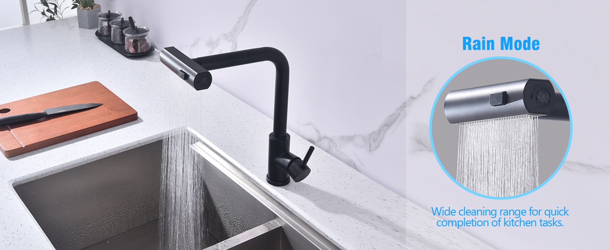 HOMELIVE Küchenarmatur Schwarz – 360° Schwenkbarer Wasserhahn Küche, Ausziehbare Spültischarmatur mit Brause, 3 Strahlarten für Flexibles Arbeiten