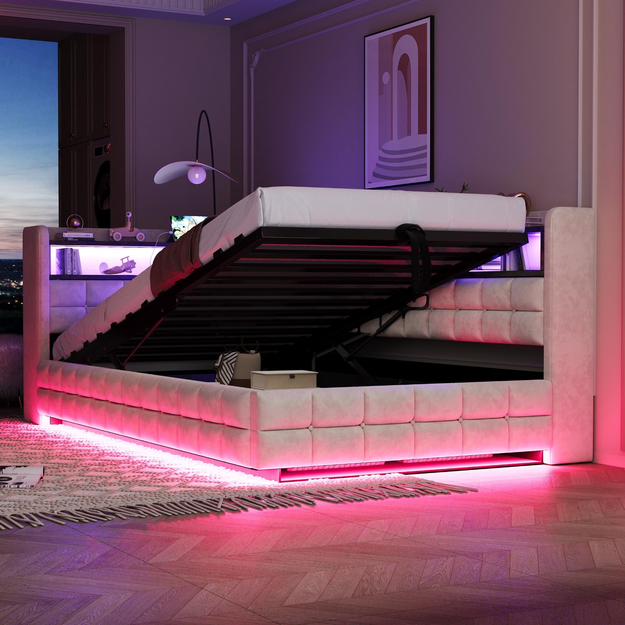 Merax Polsterbett Schlafsofa 90x200cm mit LED-Beleuchtung, Tagesbett mit Hydraulischer Stauraum und Holzregal, USB-Ladeanschlüsse, Samtstoff, Beige