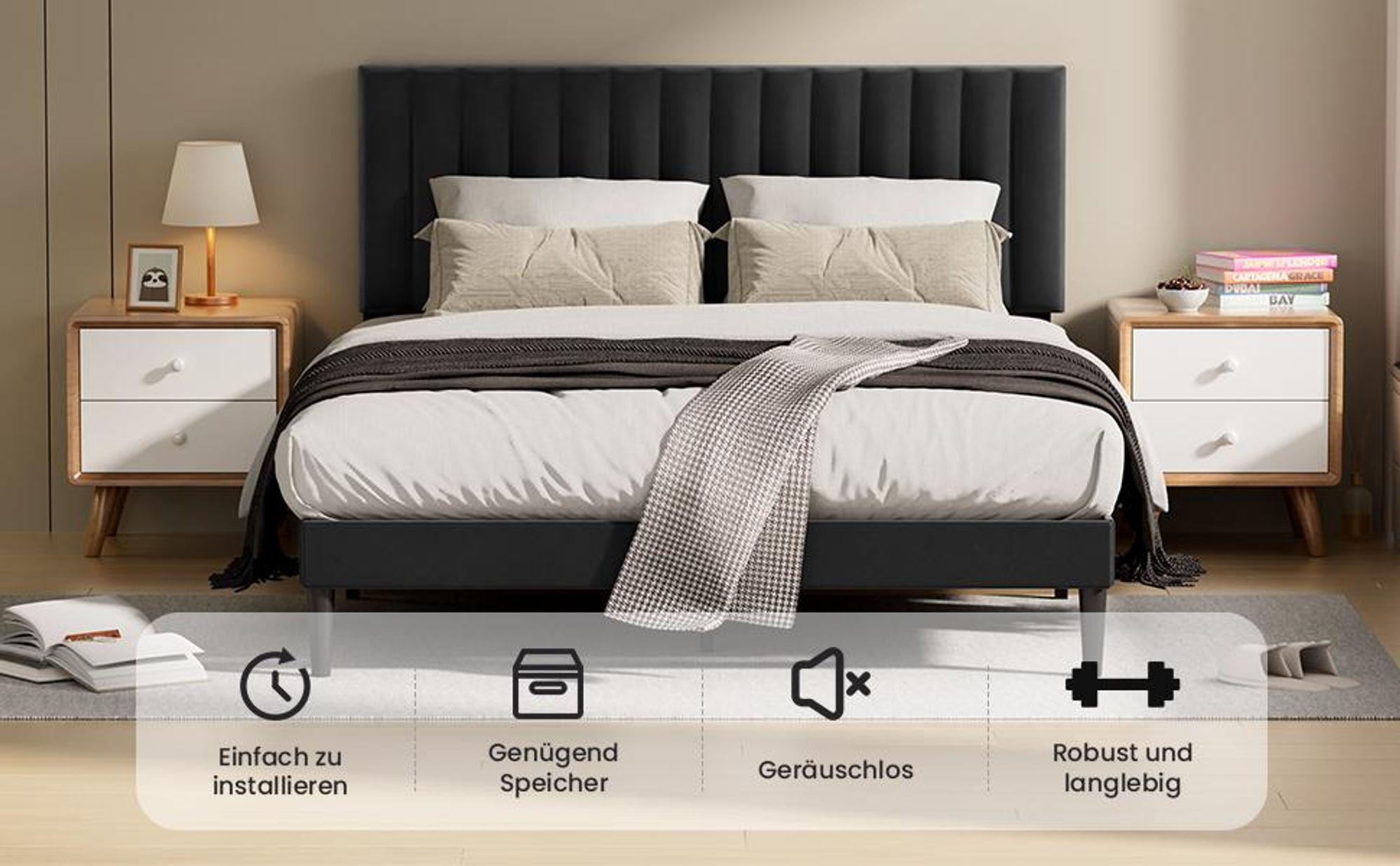 Polsterbett 140x190 cm, Bettgestell mit Höhenverstellbarem Kopfteil und Lattenrost, Stabiler Bettrahmen, Bis 500 kg, Gepolstertes Bett, Schwarz