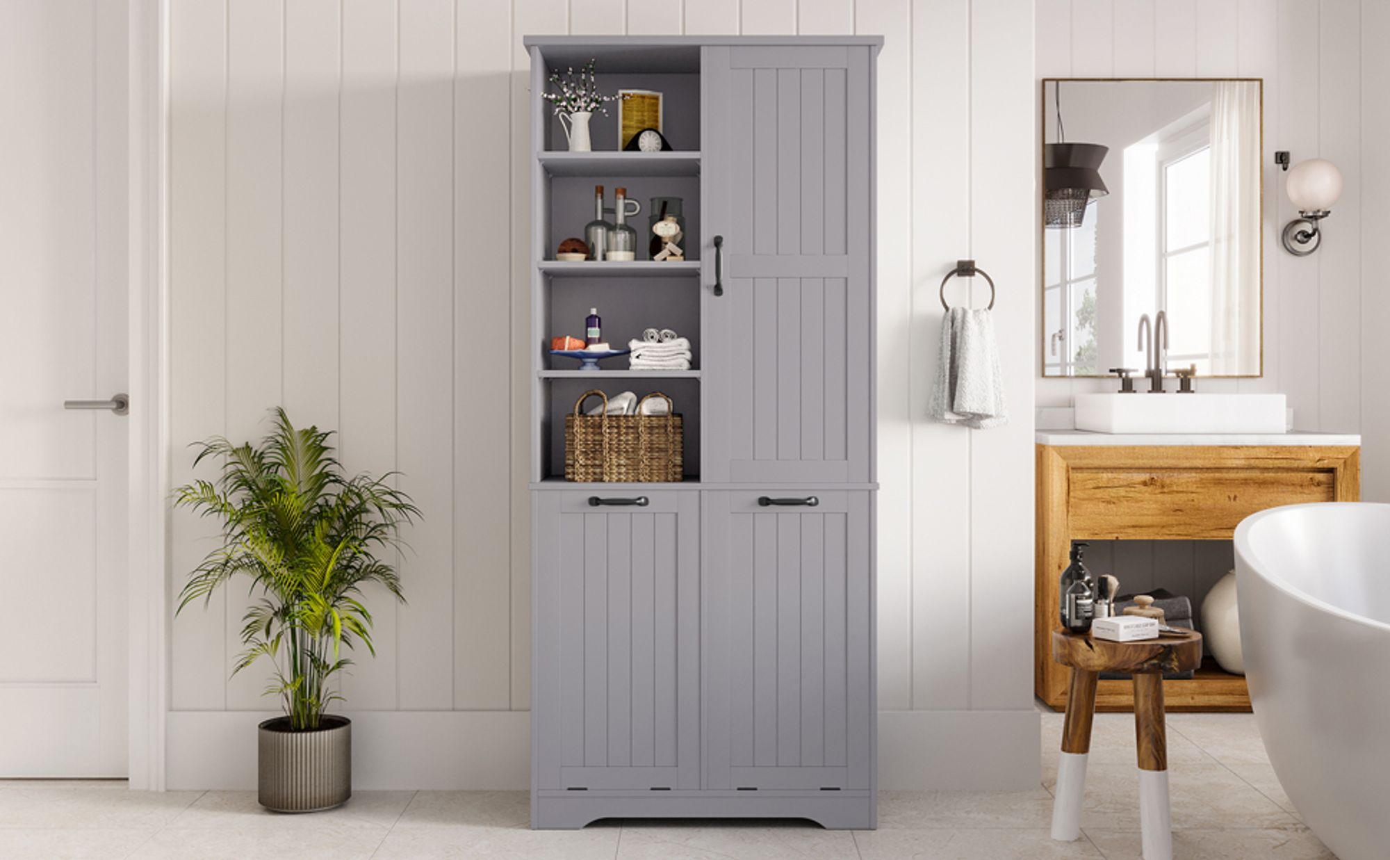Flieks Badezimmerschrank 78x35x172.7 cm, Hochschrank mit 2 Wäschekörbe, feuchtigkeitsbeständiger Holzschrank mit offene Fächer, grau