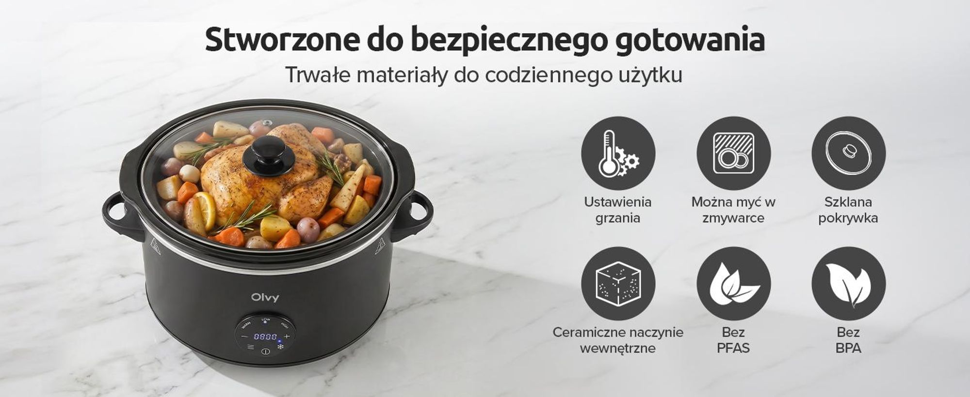 Cyfrowa wolnowarówka Olvy z timerem – pojemność 6 litrów – ceramiczny wkład – w zestawie książka kucharska do wolnowarówki