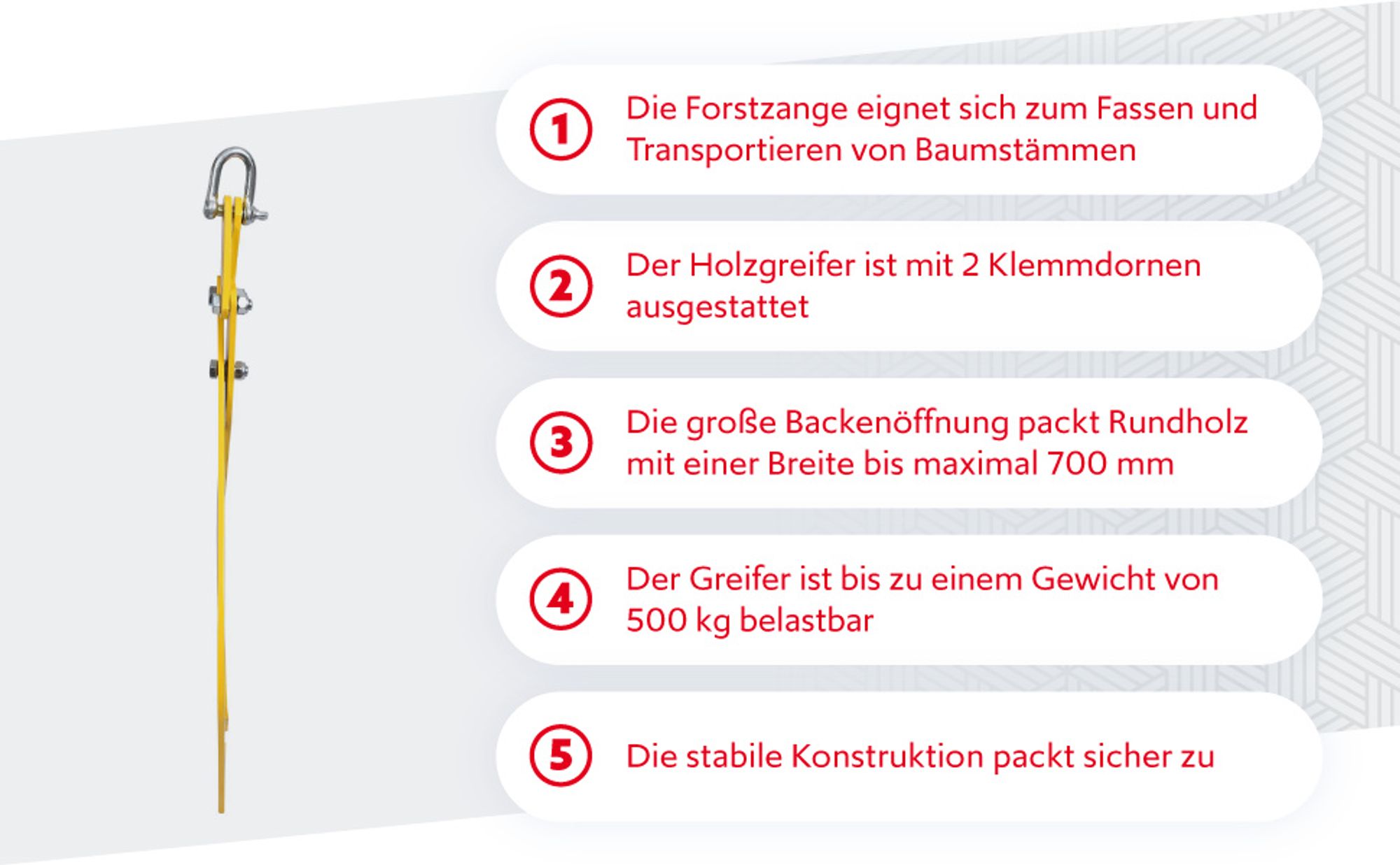 Wiltec Forstzange für Baumstämme bis 700 mm, 500 kg Zugkraft, Holzzange Hebezange Packzange mit 2 Klemmdornen
