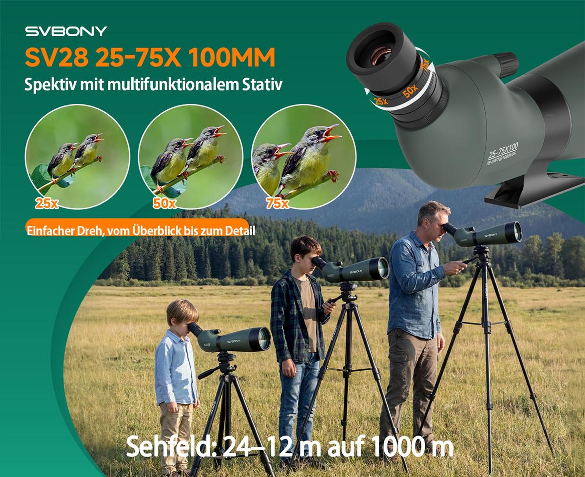 Svbony SV28 25-75x100mm Spektiv, mit Kamerastativ und Handy Adapter, H-K9L Porro Prisma FMC, für Schießsportarten, Vogelbeobachtung, Wildtiere