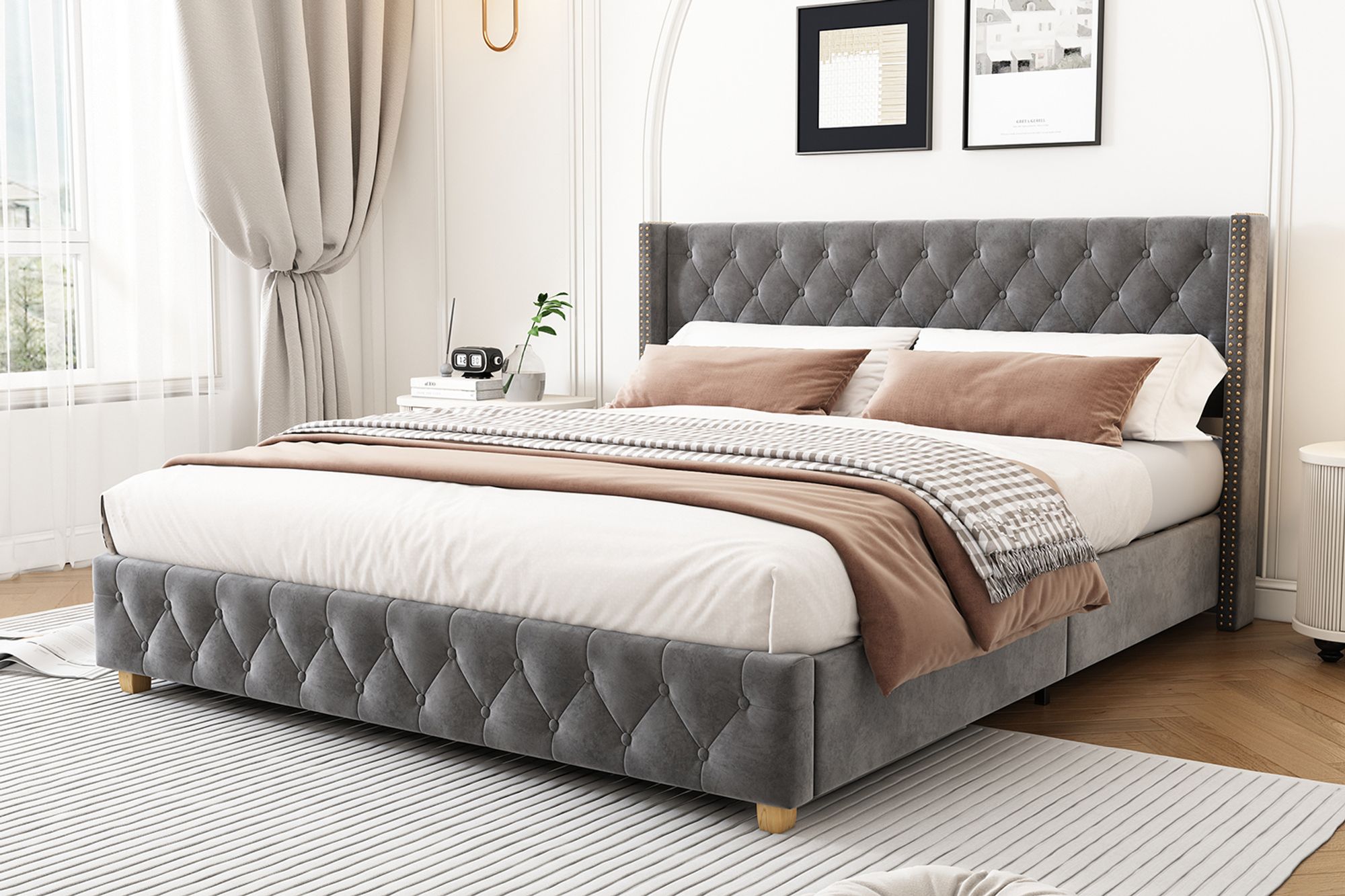 okwish Polsterbett 140×190cm Bettgestell Jugendbett mit Lattenrost & Kopfteil, Knopfpolsterung, Nietenpolsterung, Samt, Grau,Ohne Matratze