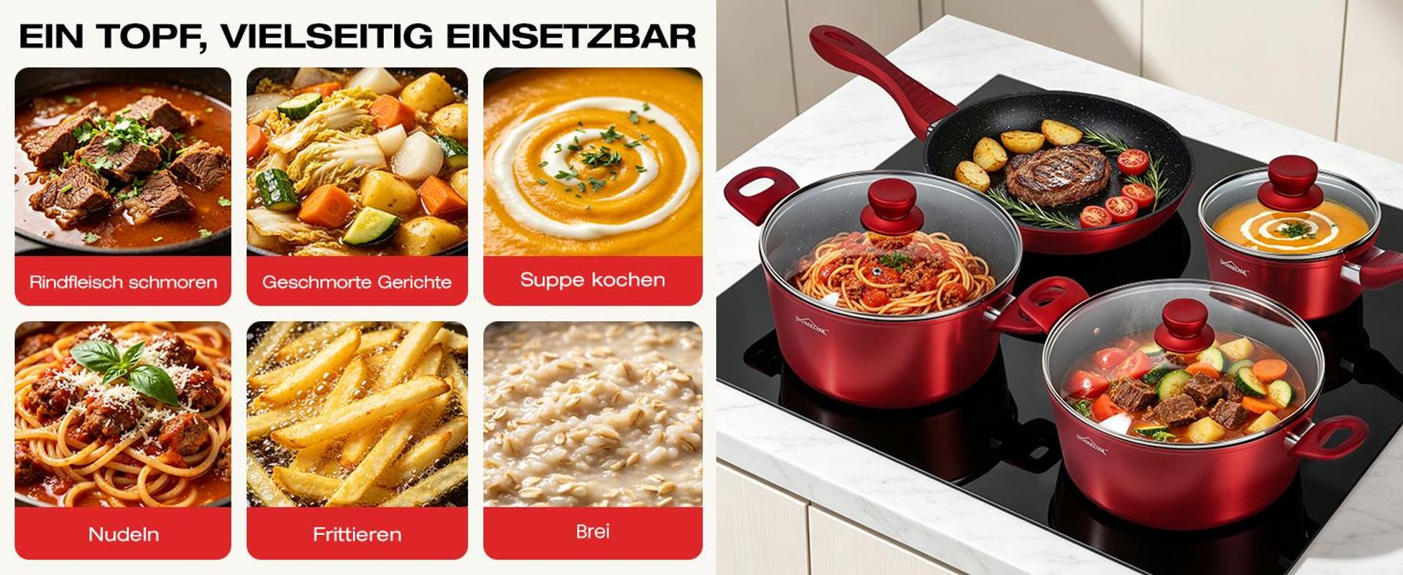Topfset Induktion 15-Tlg Topfset Pfannenset Kochtopfset, Aluminium Antihaft-beschichtete Töpfe & pfannen,Cookware-Rot(HLCW15RD)