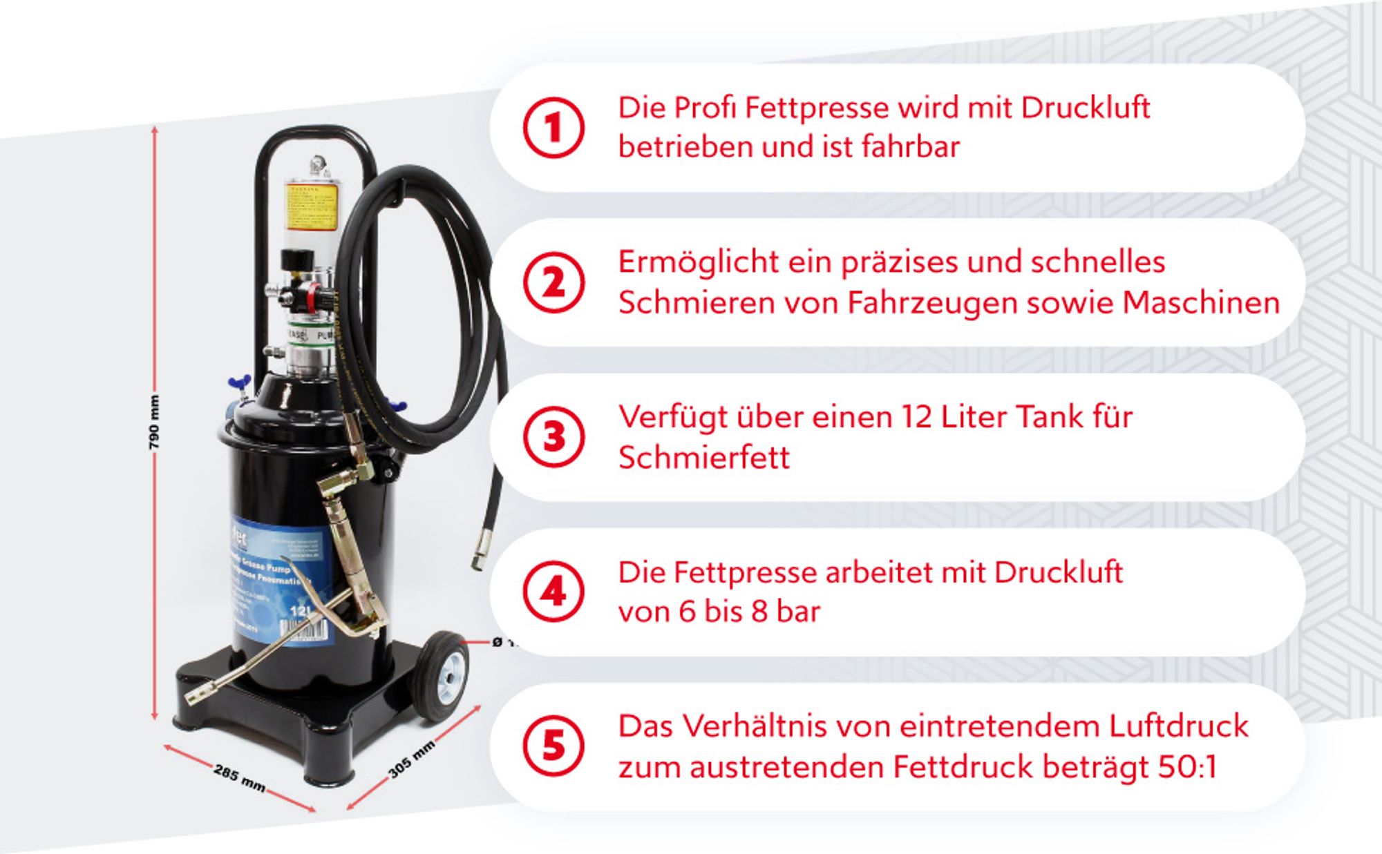 Profi Fettpresse fahrbar mit Druckluft betrieben und 12 Liter Tank pneumatische Abschmierpresse