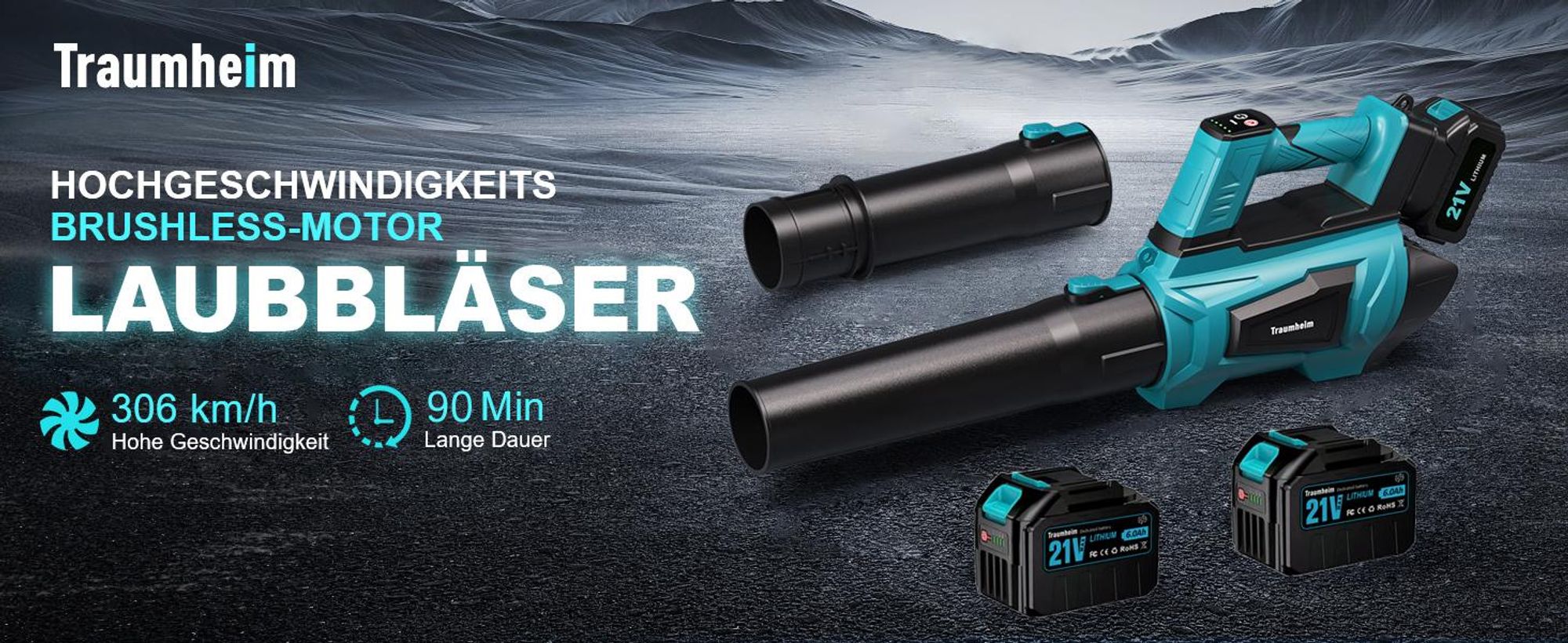 Akku Laubbläser mit Bürstenloser Motor 306 km/h, 2x 6000mAh Akku (Extra Stark), 5 Stufe + Turbomodus, für Winterdienst, Pulverschnee, Garten,Auto,Laub