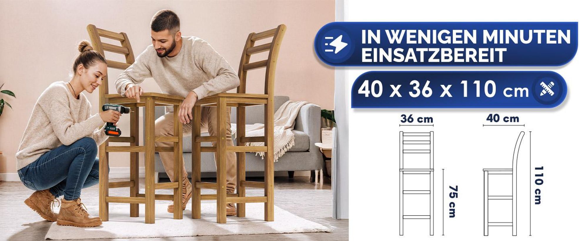 CASARIA® Barhocker 2er Set Holz mit Lehne Outdoor 75cm Sitzhöhe Akazie 150kg Belastbarkeit Fußstütze Massiv Rustikal Garten Küche Bar Stuhl Hocker Braun